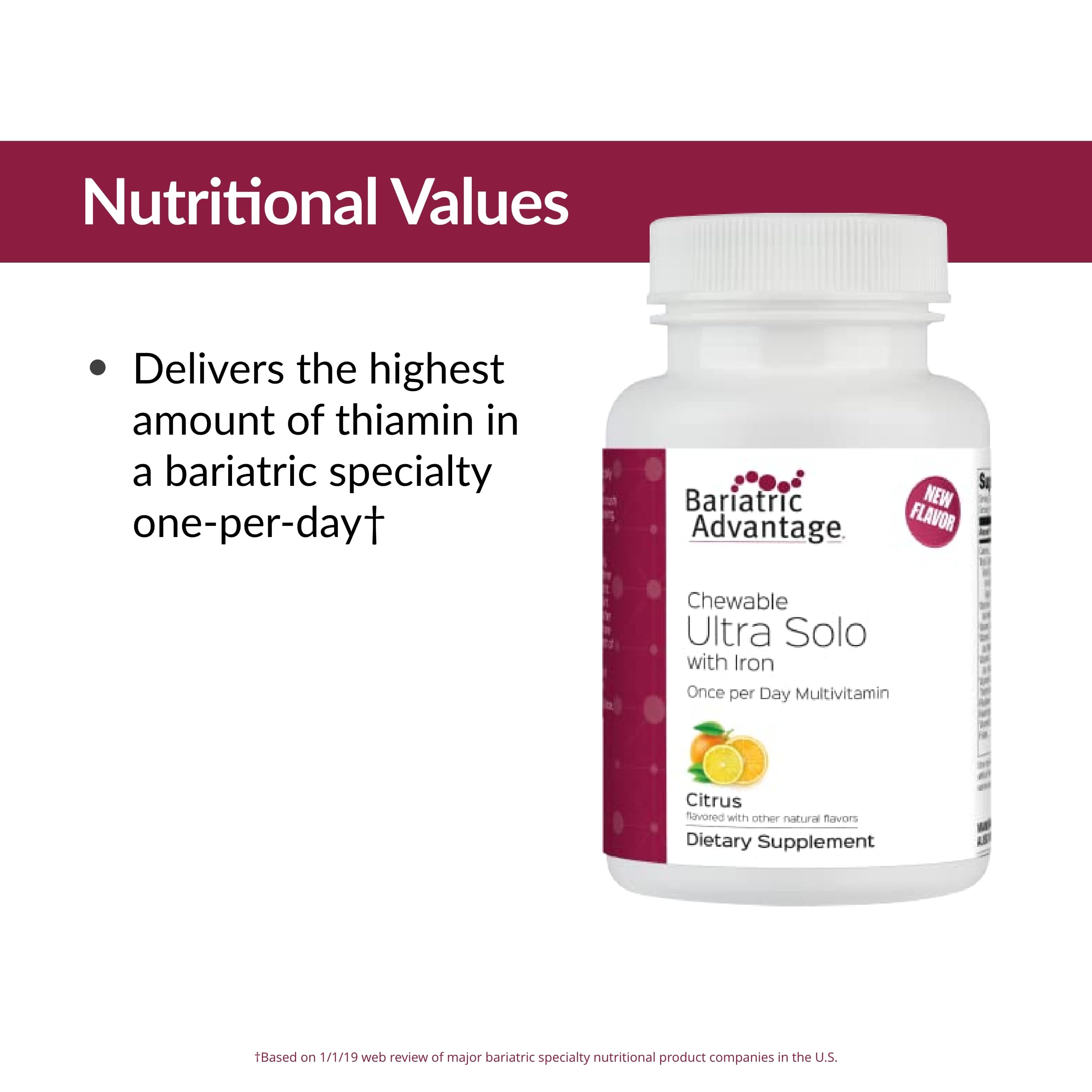 Bariatric Advantage Chewable Ultra Solo with Iron Daily Multivitamin for Gastric Bypass Surgery and Sleeve Gastrectomy Patients, Includes Vitamin B12, C, D, K, Thiamin and Copper - Citrus, 30 Count