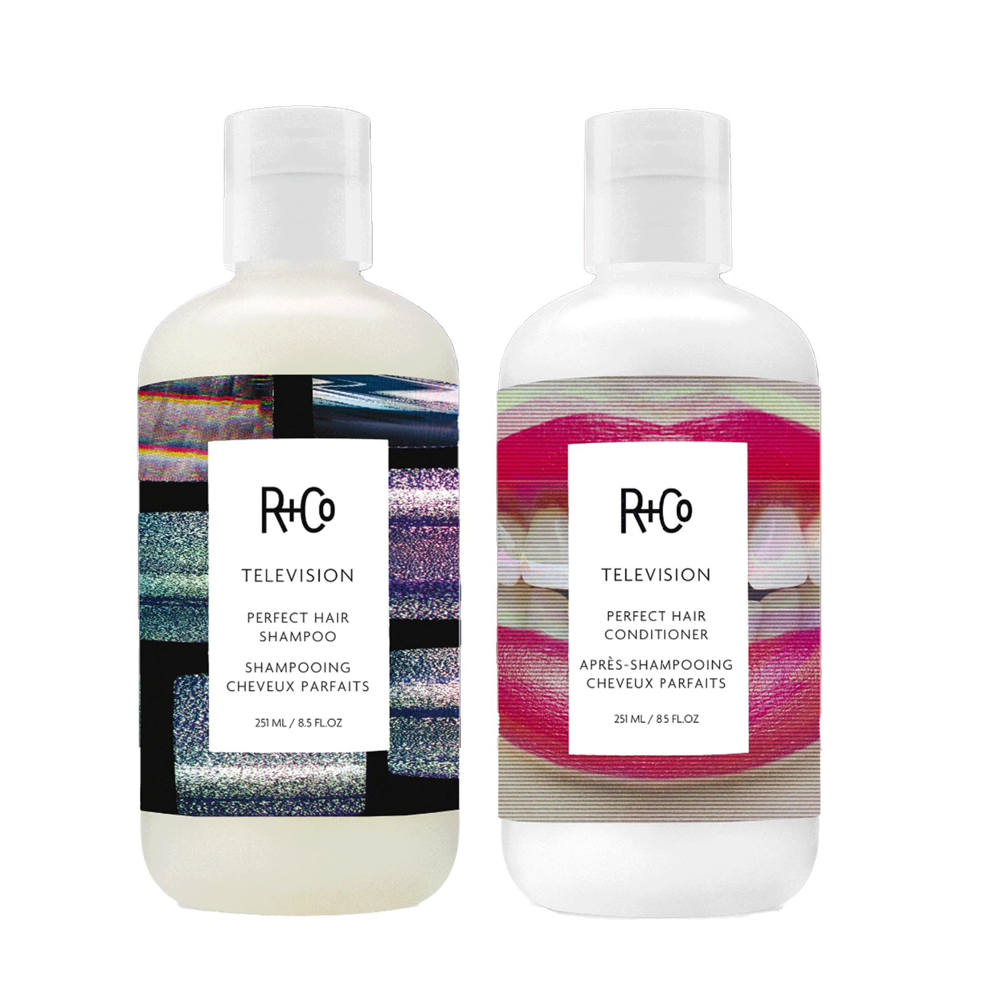 R+Co Television Perfect Hair Shampoo & Conditioner Set + Deluxe Sample (0.5oz) | Body + Shine + Smoothing for All Hair Types | Vegan + Cruelty-Free | 8.5oz (pack of 2)