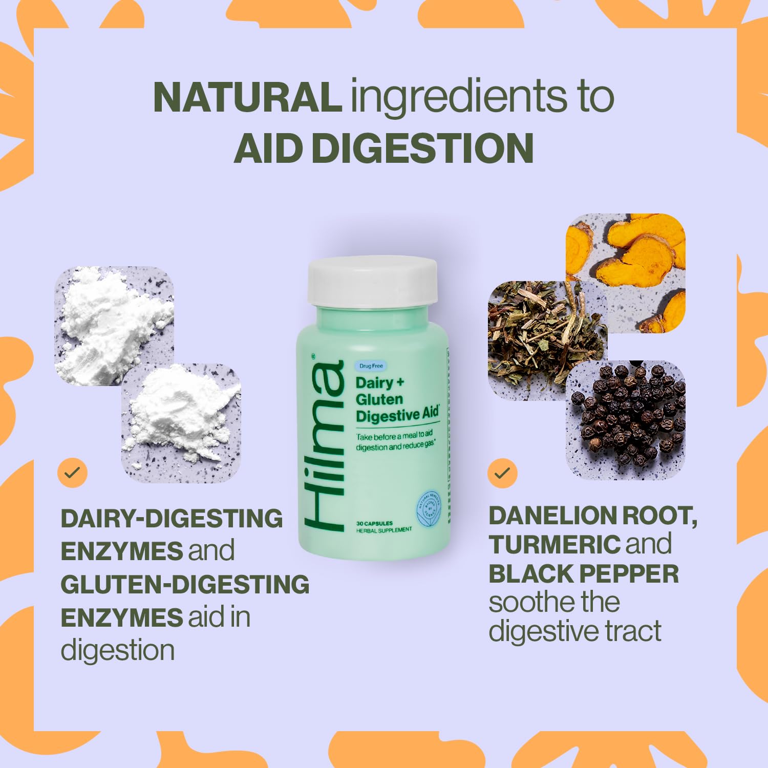 Hilma De-Bloat Bundle for Pre or Post Meal, Gas & Bloating Relief for Women (50 Vegan Capsules) with Lemon Balm & Peppermint Leaf, Digestive Enzymes for Women (30 Vegan Capsules) with Dandelion Root