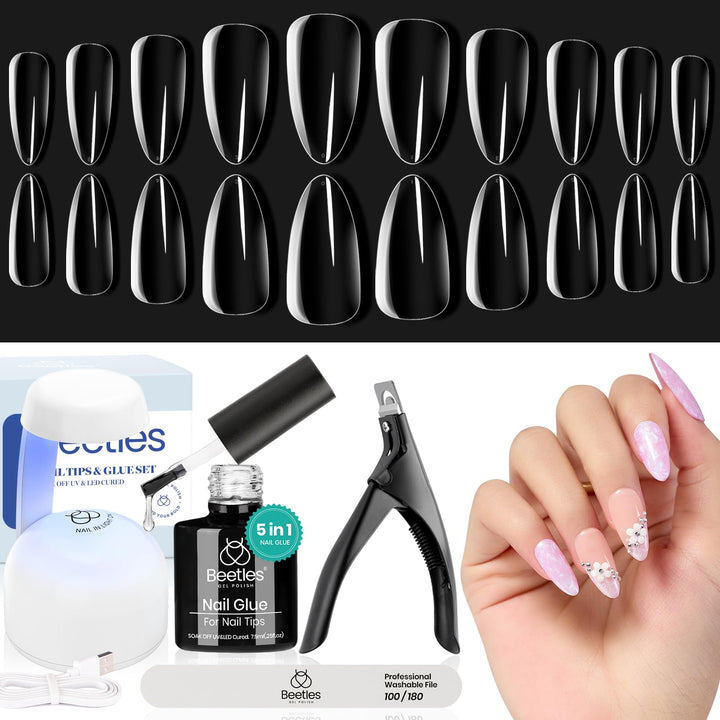 Beetles Gel Nail Kit Almond Nail Tips Easy Nail Extension Set 5 In 1 Nail Glue Gel with Pre shaped Medium Almond Nail Tips & UV Nail Lamp Acrylic Nail Clipper DIY Art Gifts for Her