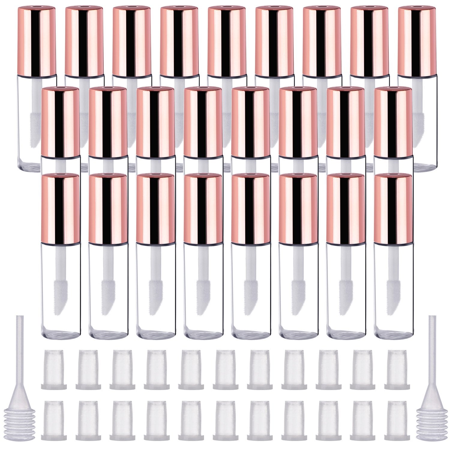 25 Pack Empty Lip Gloss Tubes Containers, Clear Mini Refillable Lip Balm Bottles with Rubber Inserts and Transfer Pipettes for Lip Samples Travel Split Charging DIY Makeup (1.2 ML, Rose Gold)