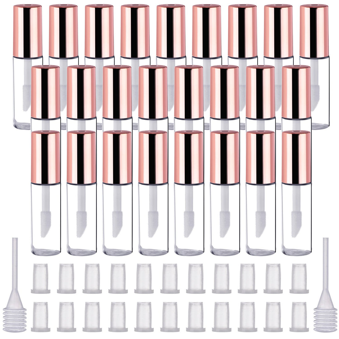 25 Pack Empty Lip Gloss Tubes Containers, Clear Mini Refillable Lip Balm Bottles with Rubber Inserts and Transfer Pipettes for Lip Samples Travel Split Charging DIY Makeup (1.2 ML, Rose Gold)