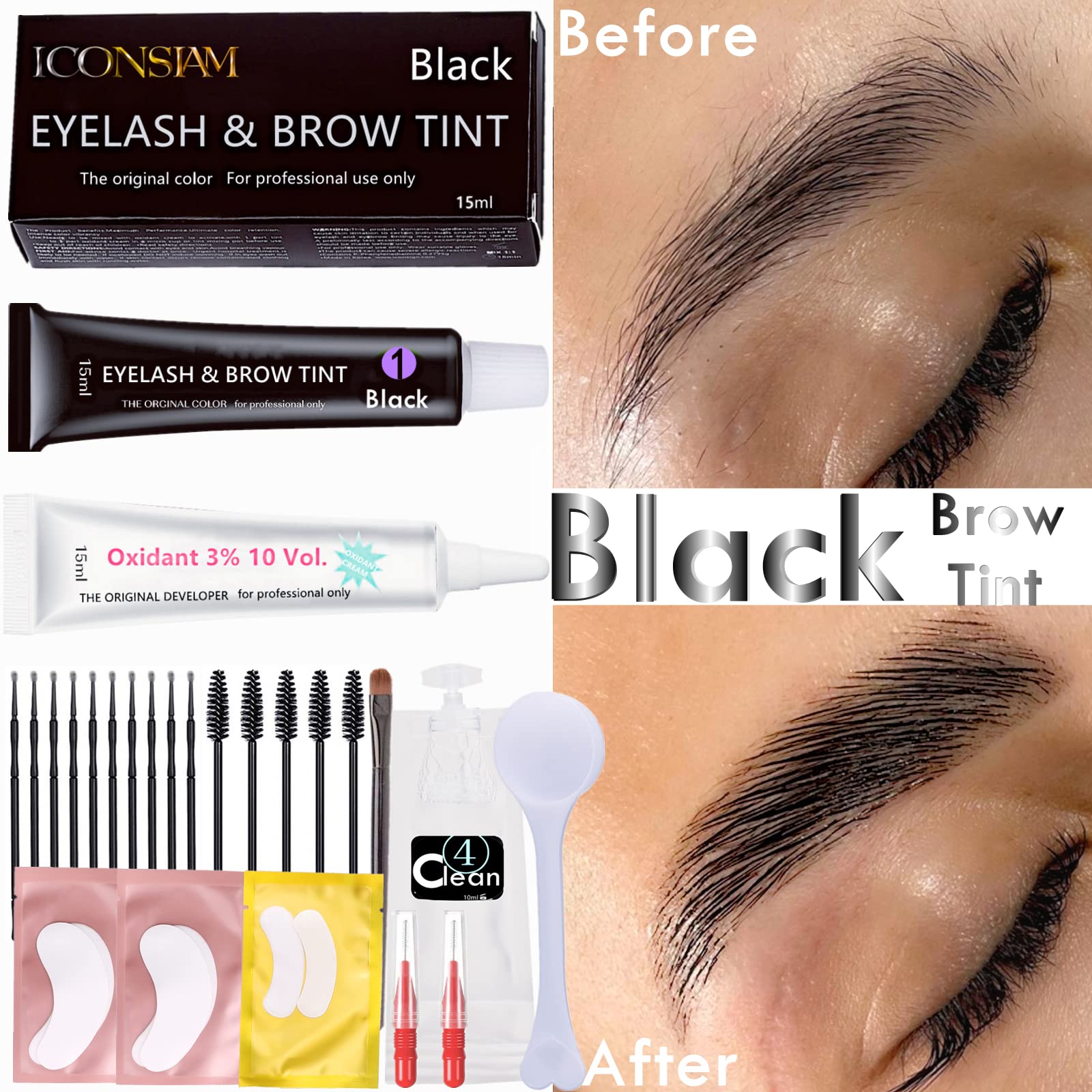 Lash T-i-n-t Kit Black, 15ml Eyelash D-y-e, Full Brow T.i.n.t. Set With Tools, DIY Eyelash Eyebrow T-i-n-ting Makeup At Home, Be Voluminous And Energetic For 6 Weeks(Black Stain Mascara Look)