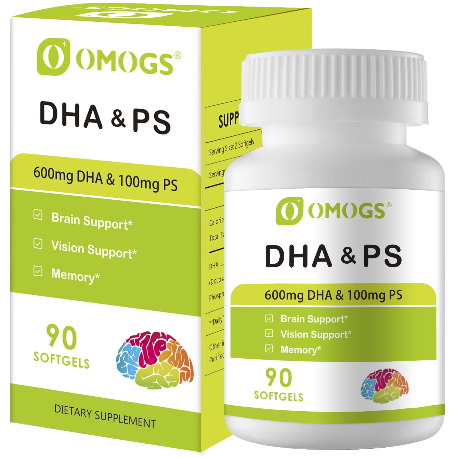 OMOGS Algae DHA - 600 mg Omega-3 DHA Softgels, with Phosphatidylserine & Walnut Oil, Supports Healthy Brain Function, Vision, Eye & Memory, Gluten Free, Non-GMO Vegan Algae Oil, 90 Softgels