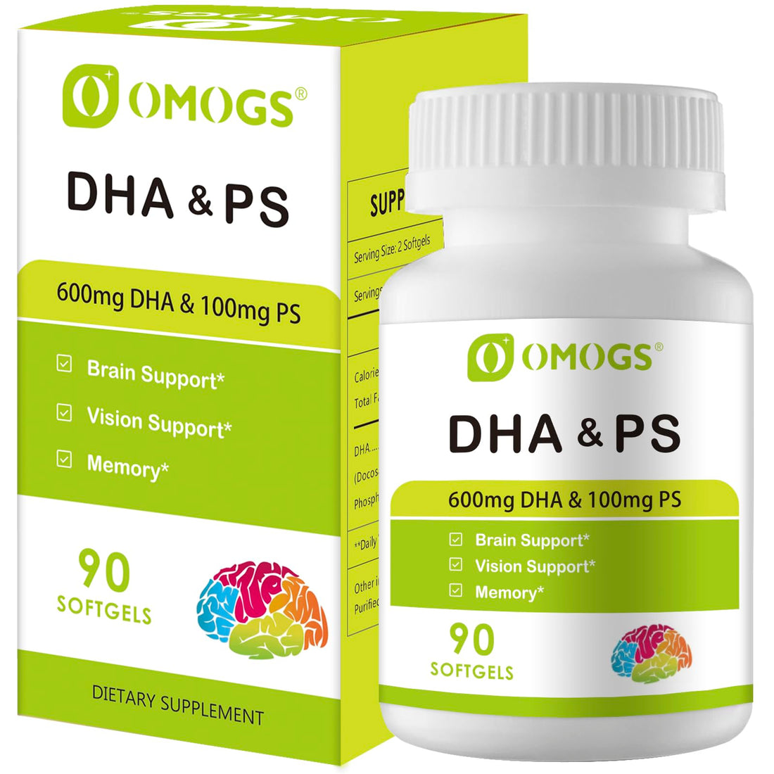 OMOGS Algae DHA - 600 mg Omega-3 DHA Softgels, with Phosphatidylserine & Walnut Oil, Supports Healthy Brain Function, Vision, Eye & Memory, Gluten Free, Non-GMO Vegan Algae Oil, 90 Softgels