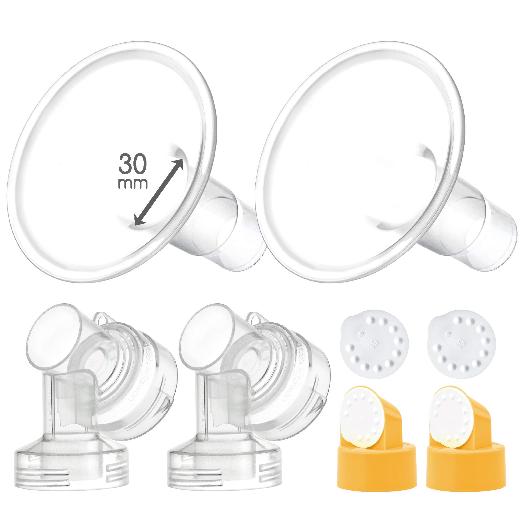 Maymom 30 mm 2X Two-Piece Breastshield, 2X Base Connector w/Valve and Membrane Compatible with Medela Breast Pumps; Lage Shield (30mm)