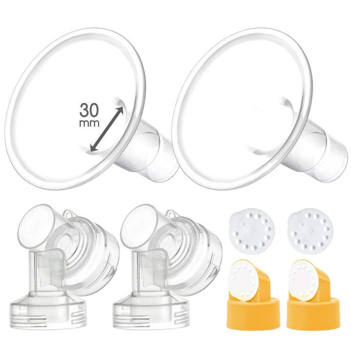 Maymom 30 mm 2X Two-Piece Breastshield, 2X Base Connector w/Valve and Membrane Compatible with Medela Breast Pumps; Lage Shield (30mm)