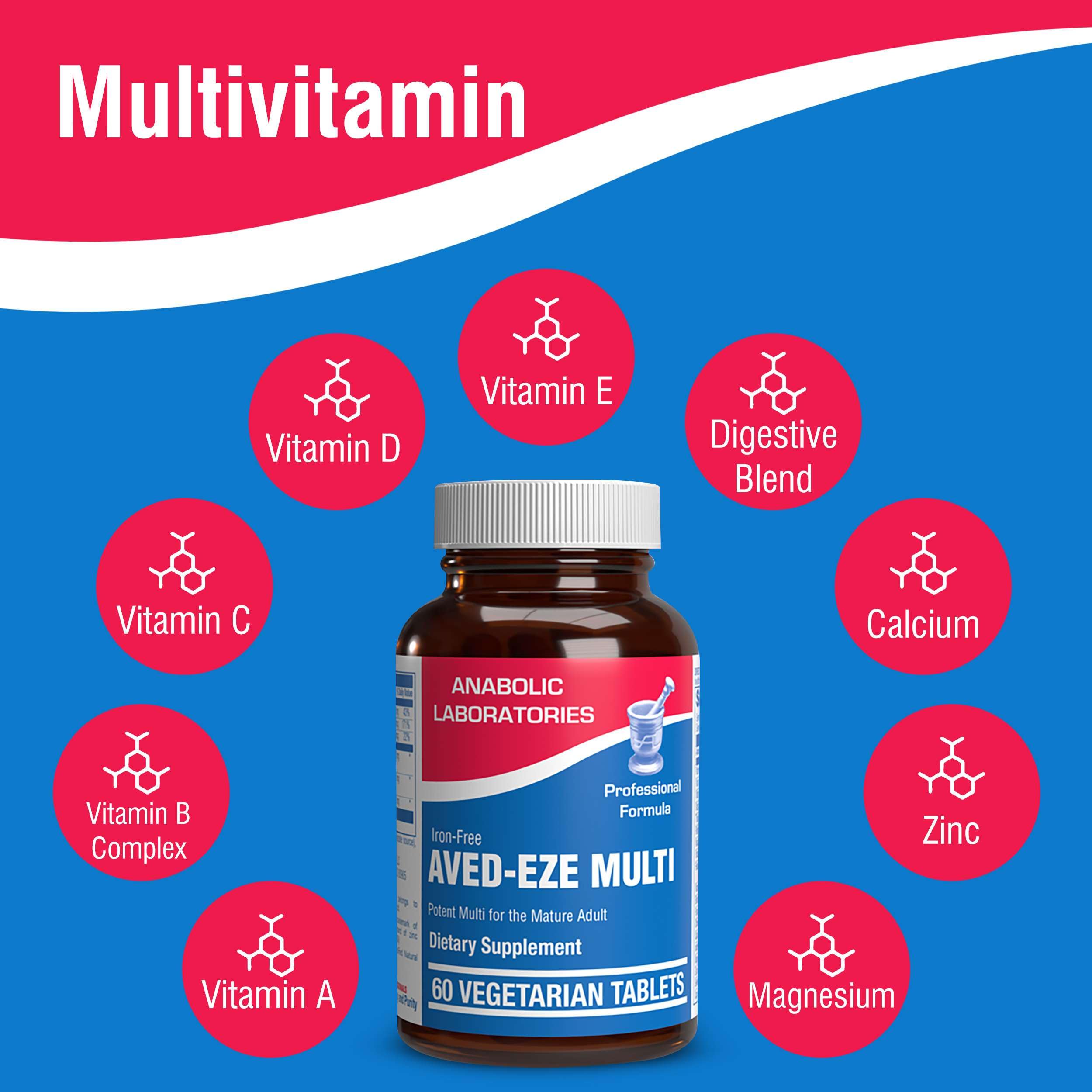 Iron Free Daily Multivitamin for Men and Women with Digestive Blend, 60 Tablets - AVED Eze Daily Multi Vitamin and Minerals Health Supplement - Vitamins A, C, D, E, Vitamin B Complex,