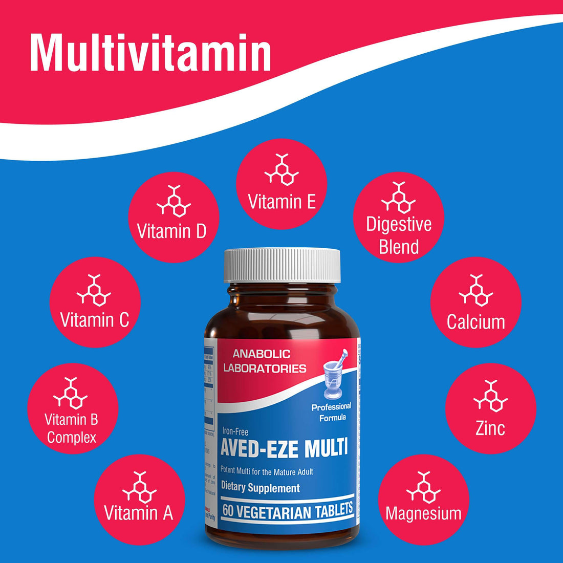 Iron Free Daily Multivitamin for Men and Women with Digestive Blend, 60 Tablets - AVED Eze Daily Multi Vitamin and Minerals Health Supplement - Vitamins A, C, D, E, Vitamin B Complex,
