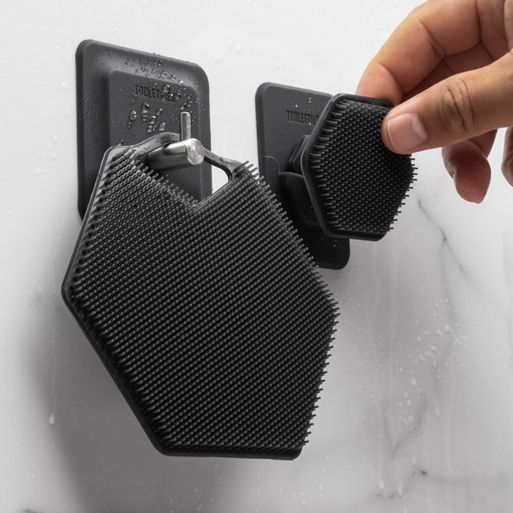 Tooletries - The Ultimate Scrubber Set - with 2X Scrubbers & Holders - Silicone Toiletry Organizer, Shower & Bathroom Accessory - Features Silicone-Grip Technology, Removable & Reusable - Charcoal