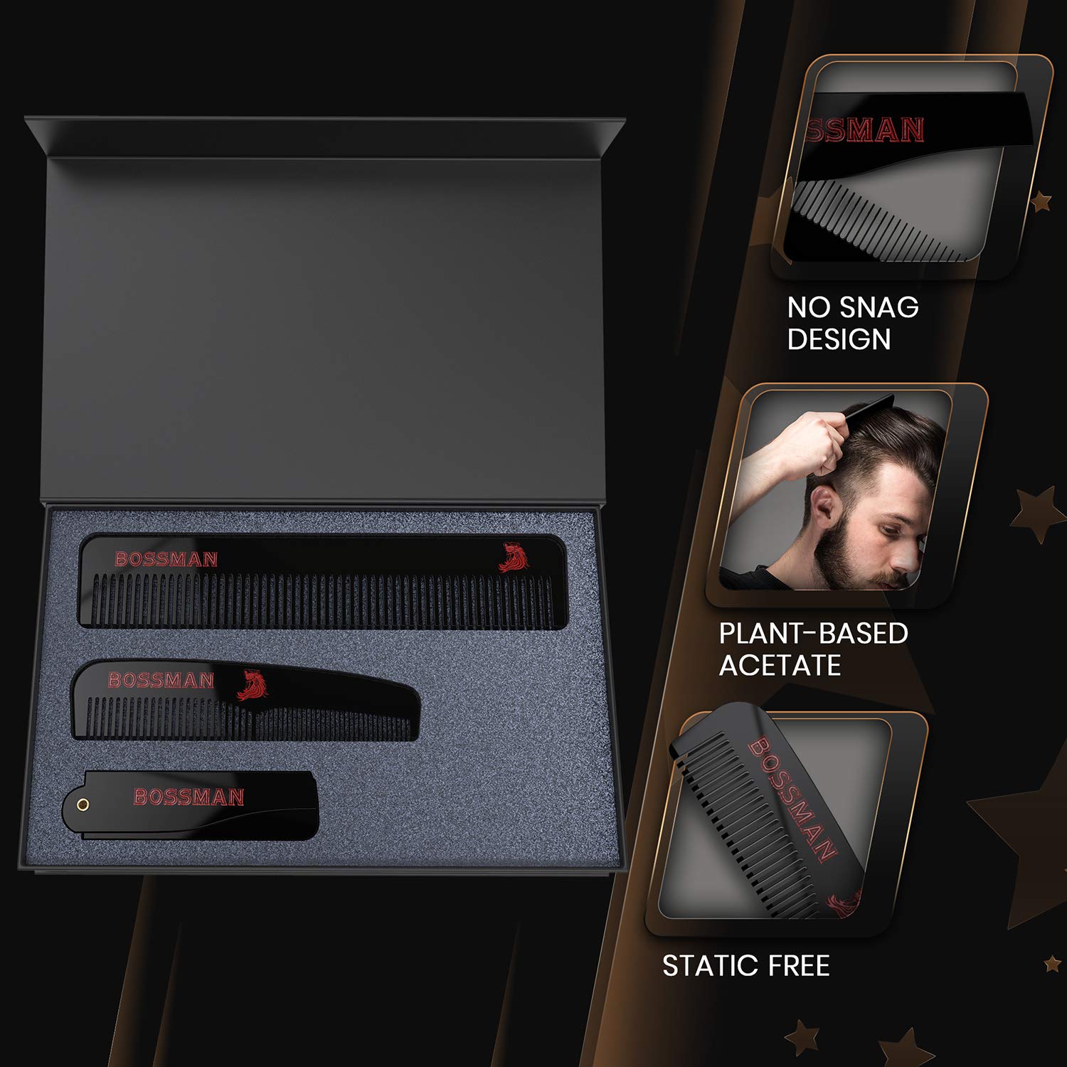 BOSSMAN SET OF 3 ACETATE BEARD, MUSTACHE, HAIR COMBS