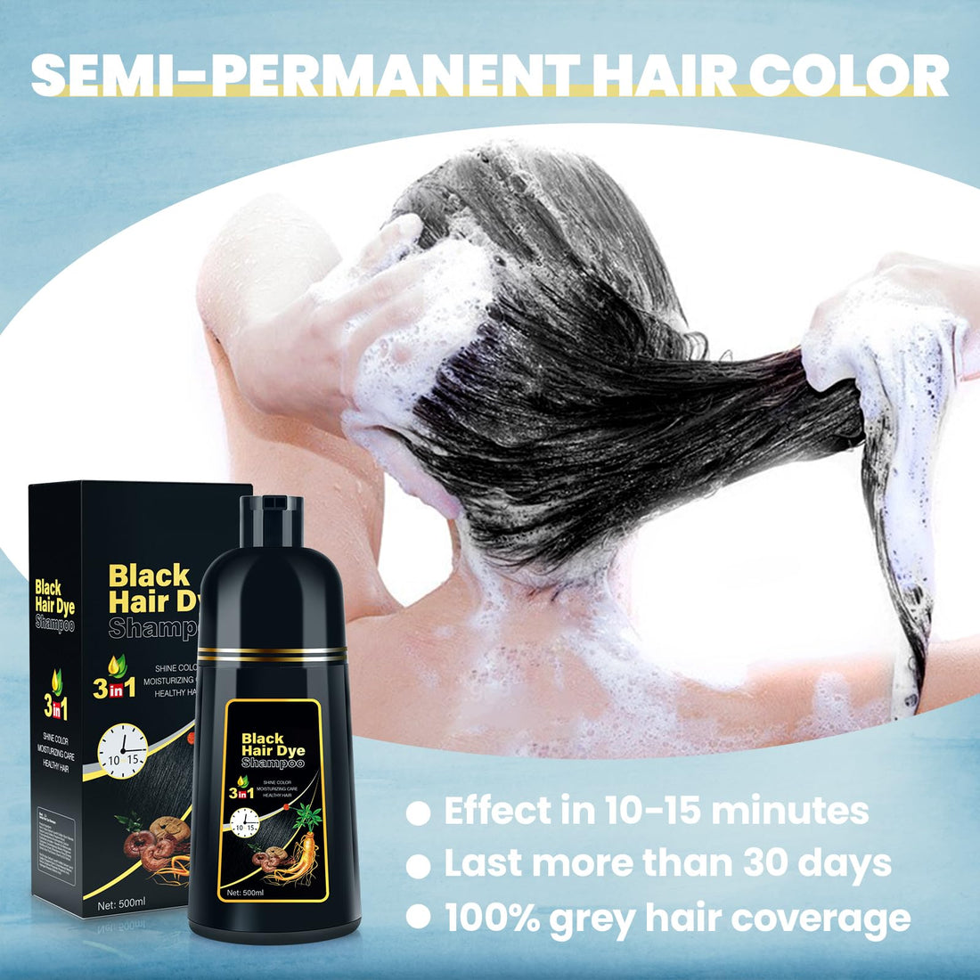 BOJICA Black Hair Dye 3 in 1 Shampoo for Gray Hair, Herbal Ingredients for Women&Men, Dye in Minutes/Semi-Permanent/(17.6 FL OZ)