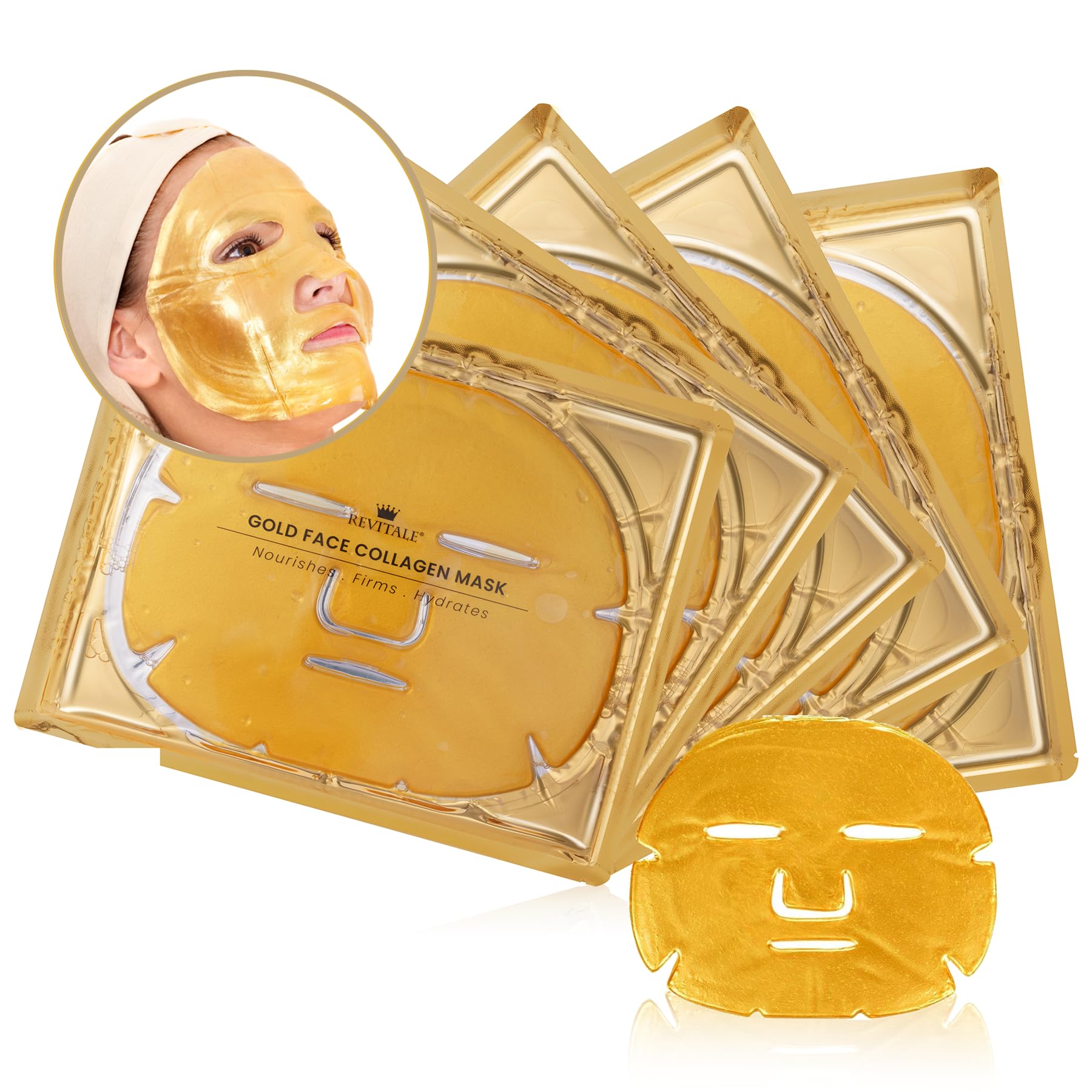 REVITALE 24K Gold Face Mask (5 Pack) - Hydrating & Nourishing Sheet with Collagen and Natural Extracts for Radiant, Moisturised Skin