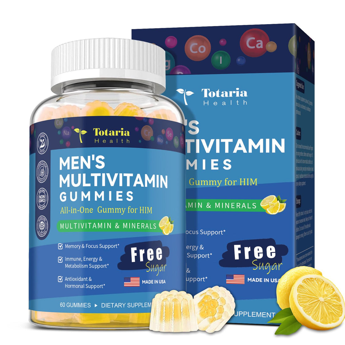 Totaria Sugar Free Multivitamin Gummies for Men w/Vegan Omega 3, Vitamin A, B, C, E, D3, K, Methylfolate, Biotin, Zinc, Mens Daily Vitamins & Minerals, for Immunity, Energy, Lemon Flavor, 60 Counts