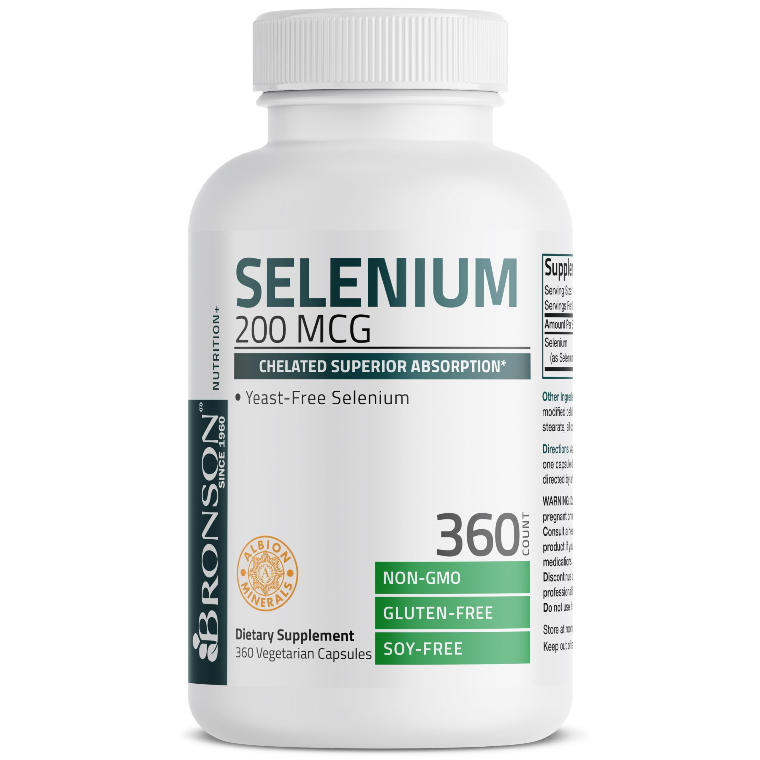 Bronson Selenium 200 mcg – Yeast Free Chelated Amino Acid Complex - Essential Trace Mineral with Superior Absorption, 360 Vegetarian Capsules