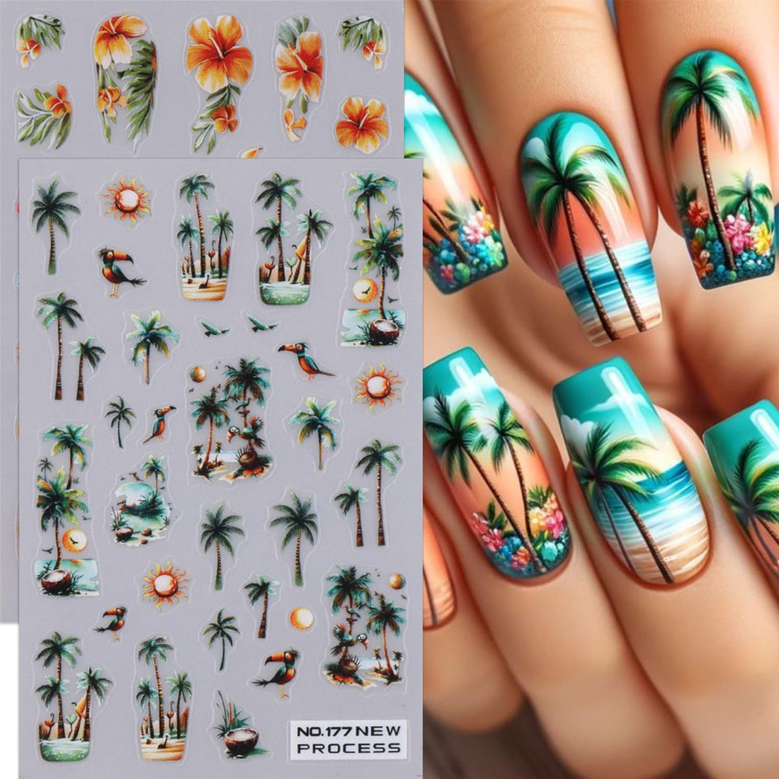Summer Nail Stickers Flower Palm Coconut Tree Nail Decals 4PCS 3D Self-Adhesive Summer Tropical Ocean Nail Art Supplies Flower Stickers for Nails Slider Manicure Accessories DIY Nail Decorations