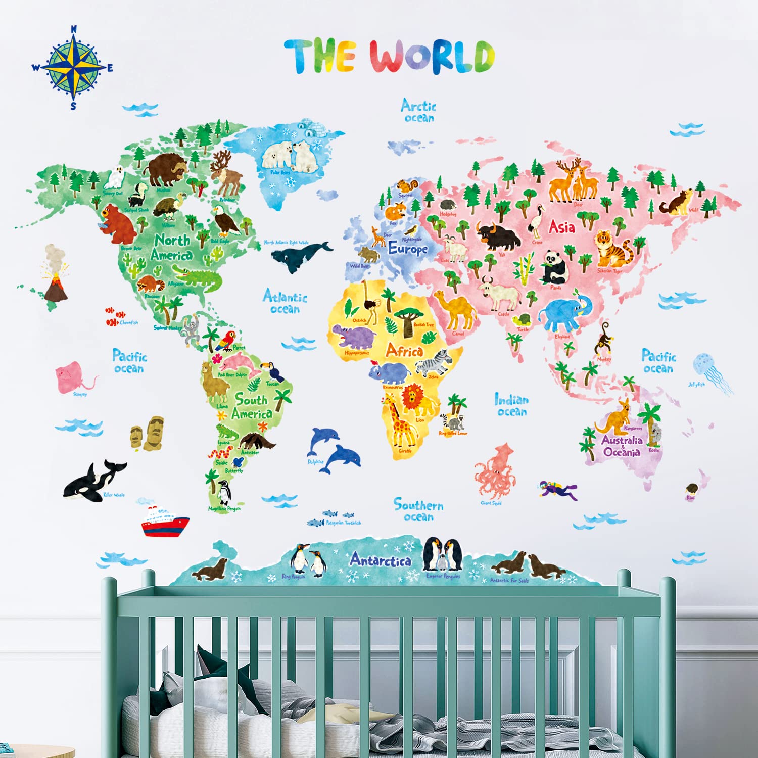 DECOWALL SG2-1615S Animal World Map Kids Wall Decals Wall Stickers Peel and Stick Removable Wall Stickers for Kids Nursery Bedroom Living Room (Large)