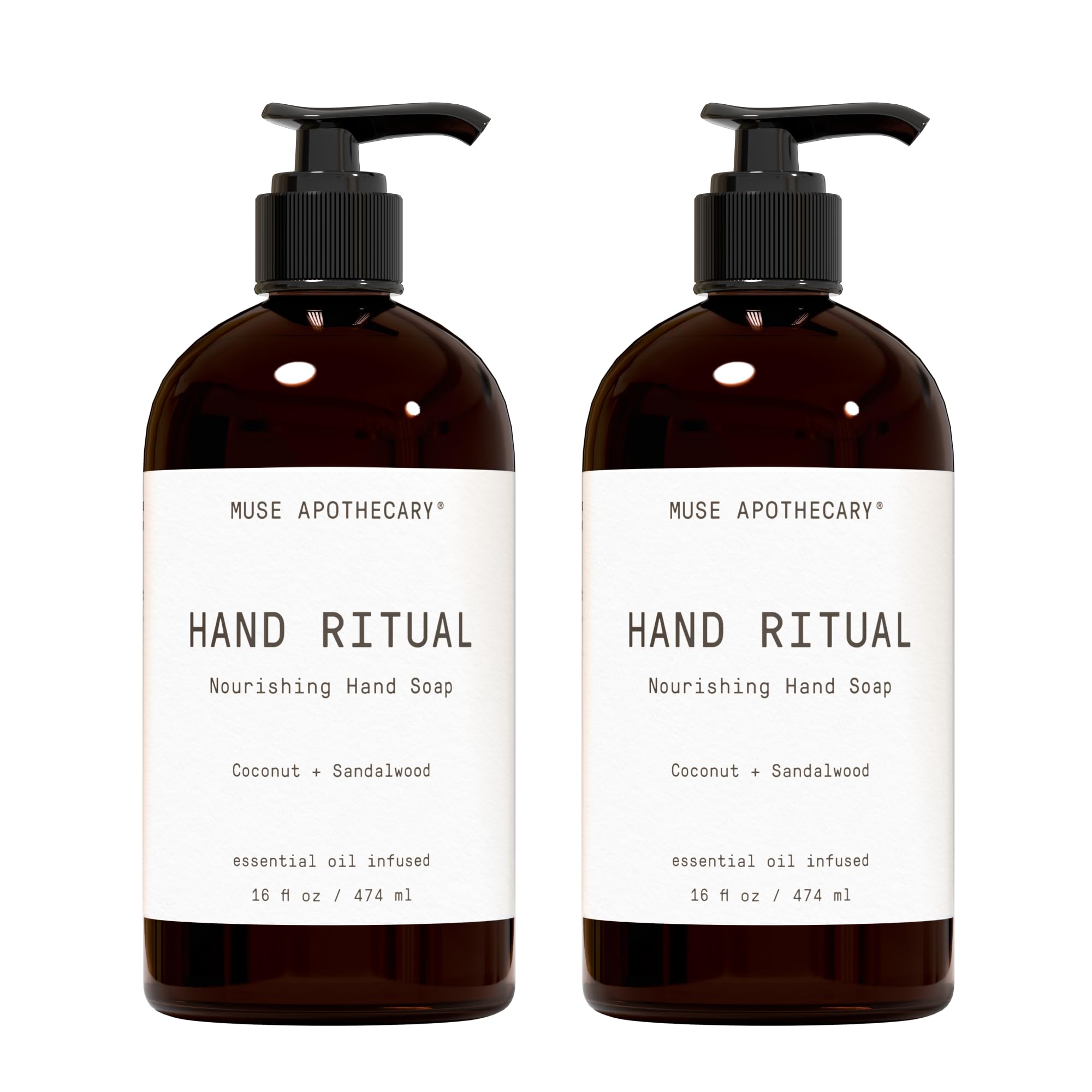 Muse Apothecary Hand Ritual - Aromatic and Nourishing Hand Soap, Infused with Natural Aromatherapy Essential Oils - USDA Certified Biobased - 16 oz, Coconut + Sandalwood, 2 Pack