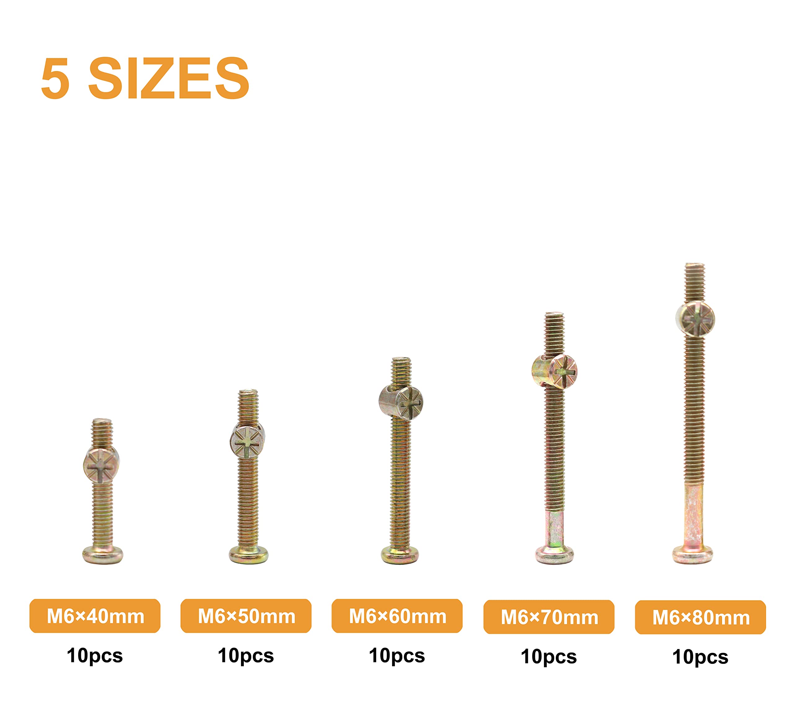 binifiMux Baby Bed Crib Screws Hardware Replacement Parts, 50pcs M6 x 40mm/ 50mm/ 60mm/ 70mm/ 80mm Hex Socket Cap Bolts Barrel Nuts Set for Crib Cot Chairs Bed Furniture,Zinc Plated