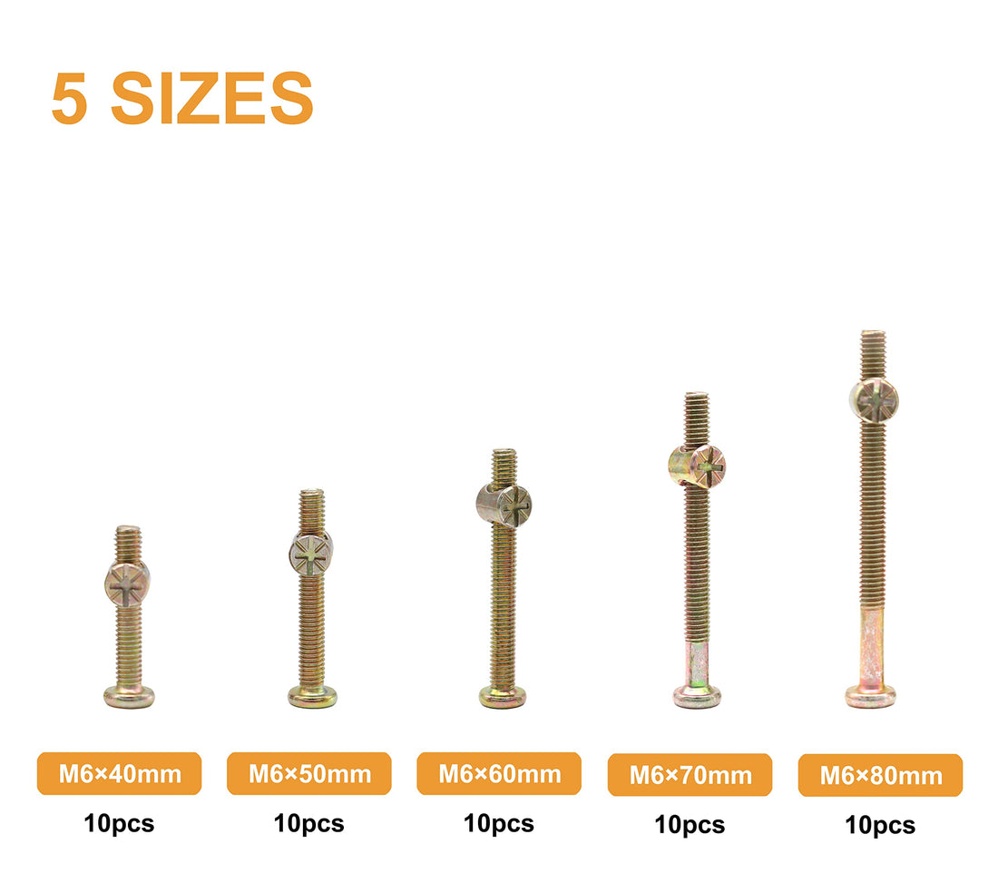 binifiMux Baby Bed Crib Screws Hardware Replacement Parts, 50pcs M6 x 40mm/ 50mm/ 60mm/ 70mm/ 80mm Hex Socket Cap Bolts Barrel Nuts Set for Crib Cot Chairs Bed Furniture,Zinc Plated