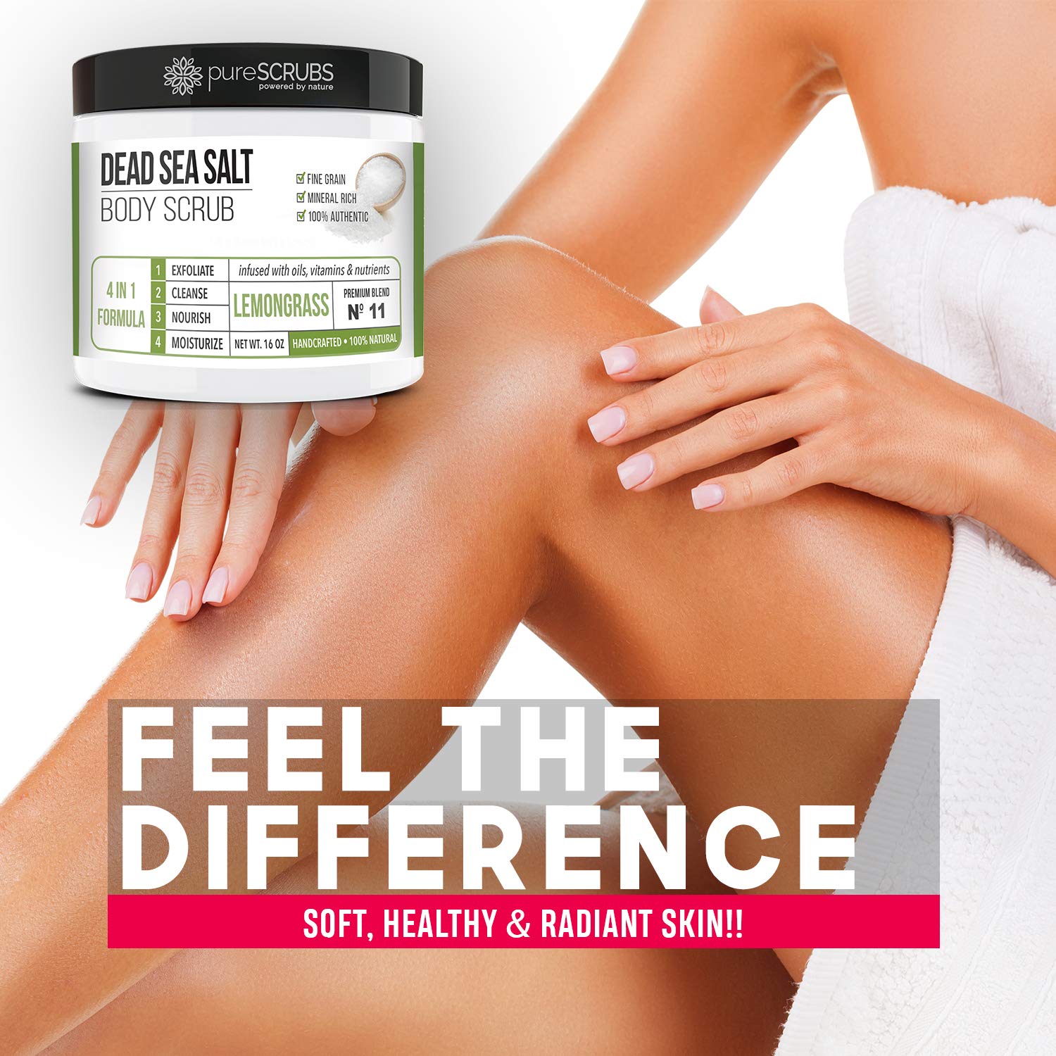 pureSCRUBS Premium Lemongrass Dead Sea Salt Body Exfoliator Scrub, Full Exfoliating Body Scrubber - Large 16oz Jar, Filled With Essential Oils, Includes Spoon, Loofah & Exfoliating Skin Soap