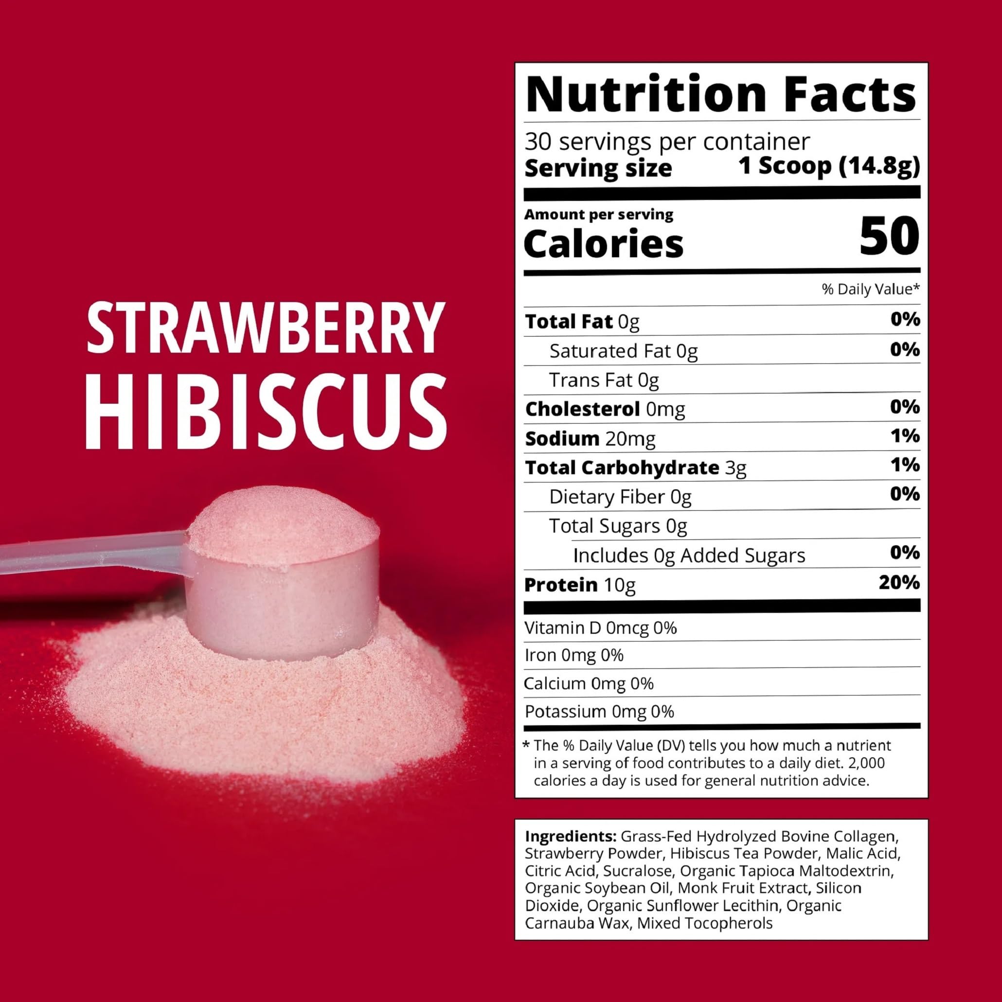 Strawberry Hibiscus Flavored Collagen | 30 Servings | Grass-Fed Hydrolyzed Bovine Collagen Powder for Men and Women | Promotes Hair, Nail, Skin, Bone, and Joint Health | No Added Sugar