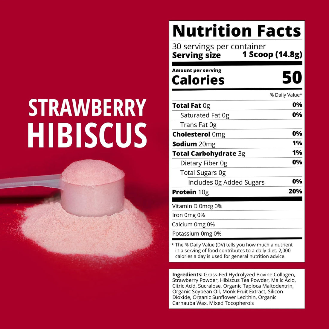 Strawberry Hibiscus Flavored Collagen | 30 Servings | Grass-Fed Hydrolyzed Bovine Collagen Powder for Men and Women | Promotes Hair, Nail, Skin, Bone, and Joint Health | No Added Sugar
