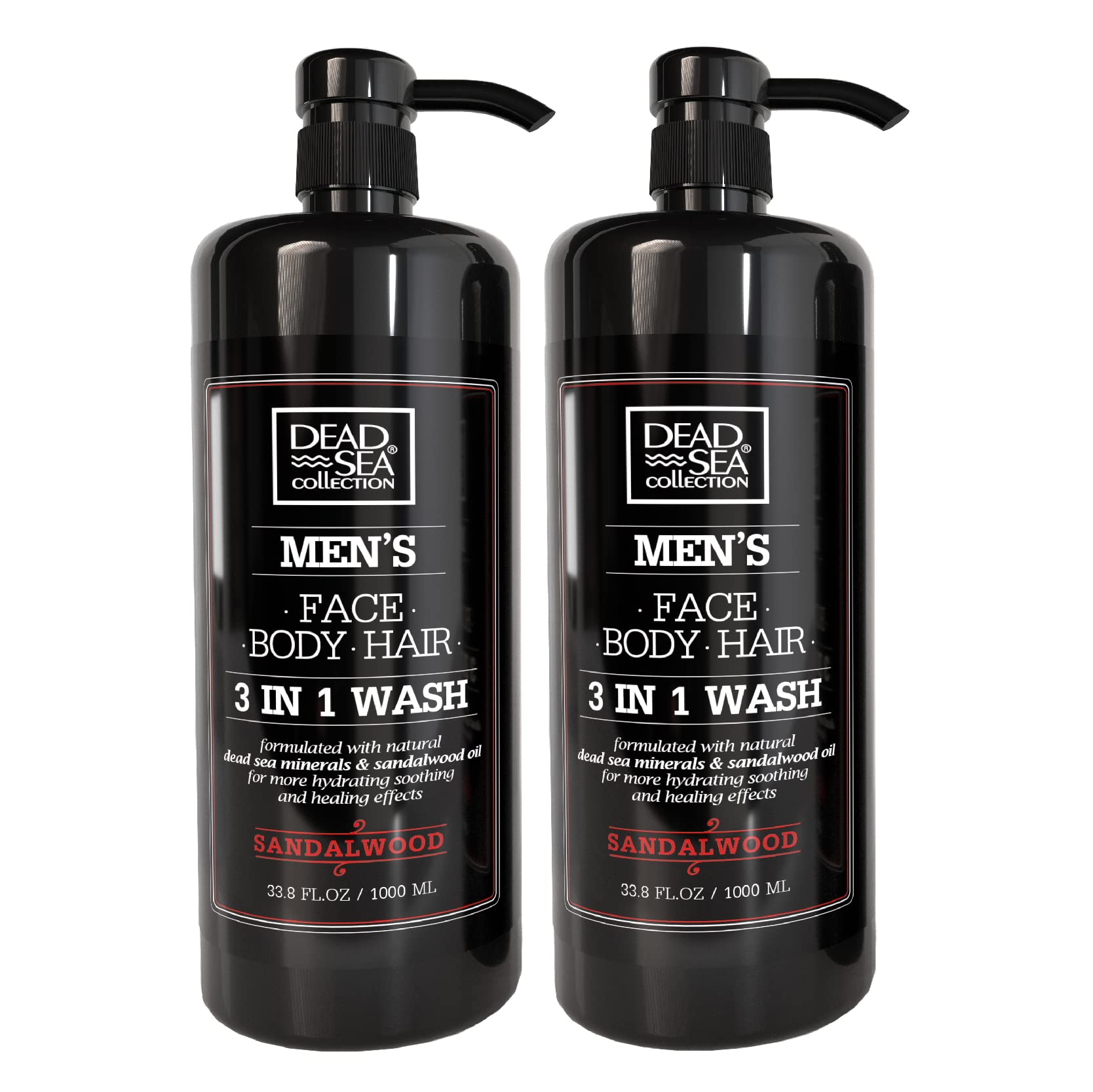 Dead Sea Collection Mens Body Wash 3 in 1 – Sandalwood Body Wash for Men – Shower Gel – Shampoo – Shower Soap for Face and Hair – Pack of 2 Bottles (33.8 Fl. Oz. Each)