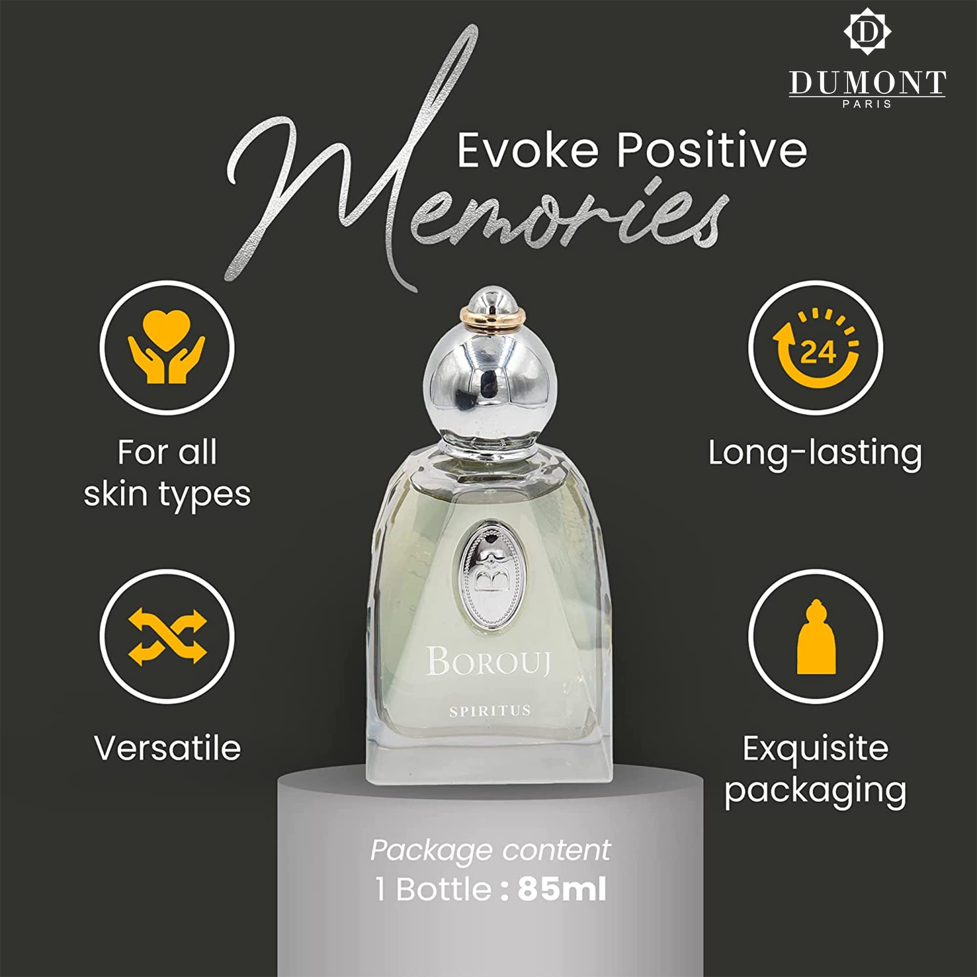 BOROUJ SPIRITUS Unisex Perfume, 85 ml - Luxury Fragrance for Women & Men - Attractive Fragrance with Patchouli Scented - Jasmine and Amber Scent - Citrus Bergamot