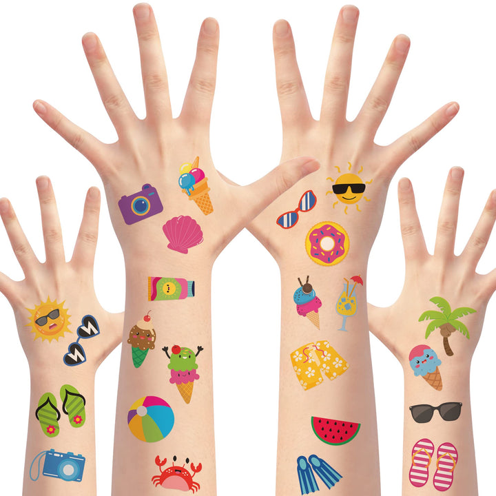3sscha 8 Sheets Summer Beach Temporary Tattoos for Kids Cartoon Flamingo Watermelon Pineapple Non-toxic Tats Stickers Waterproof Palm Body Sticker Art Decal Pool Party Favor Supplies for Boys Girls