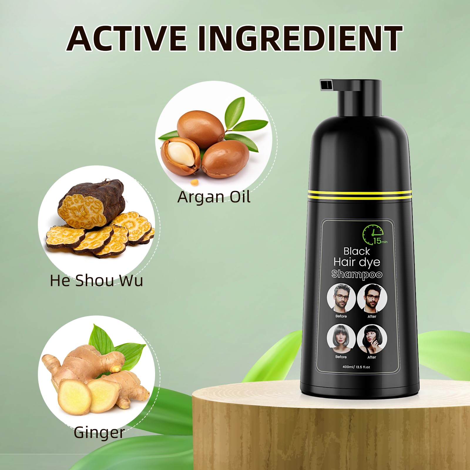 Black Hair Dye Shampoo, Semi-Permanent Hair Color Shampoo for Women and Men, Herbal Ingredients and No Ammonia, 3 in 1-100% Grey Coverage 400ml/ 13.5 fl.oz