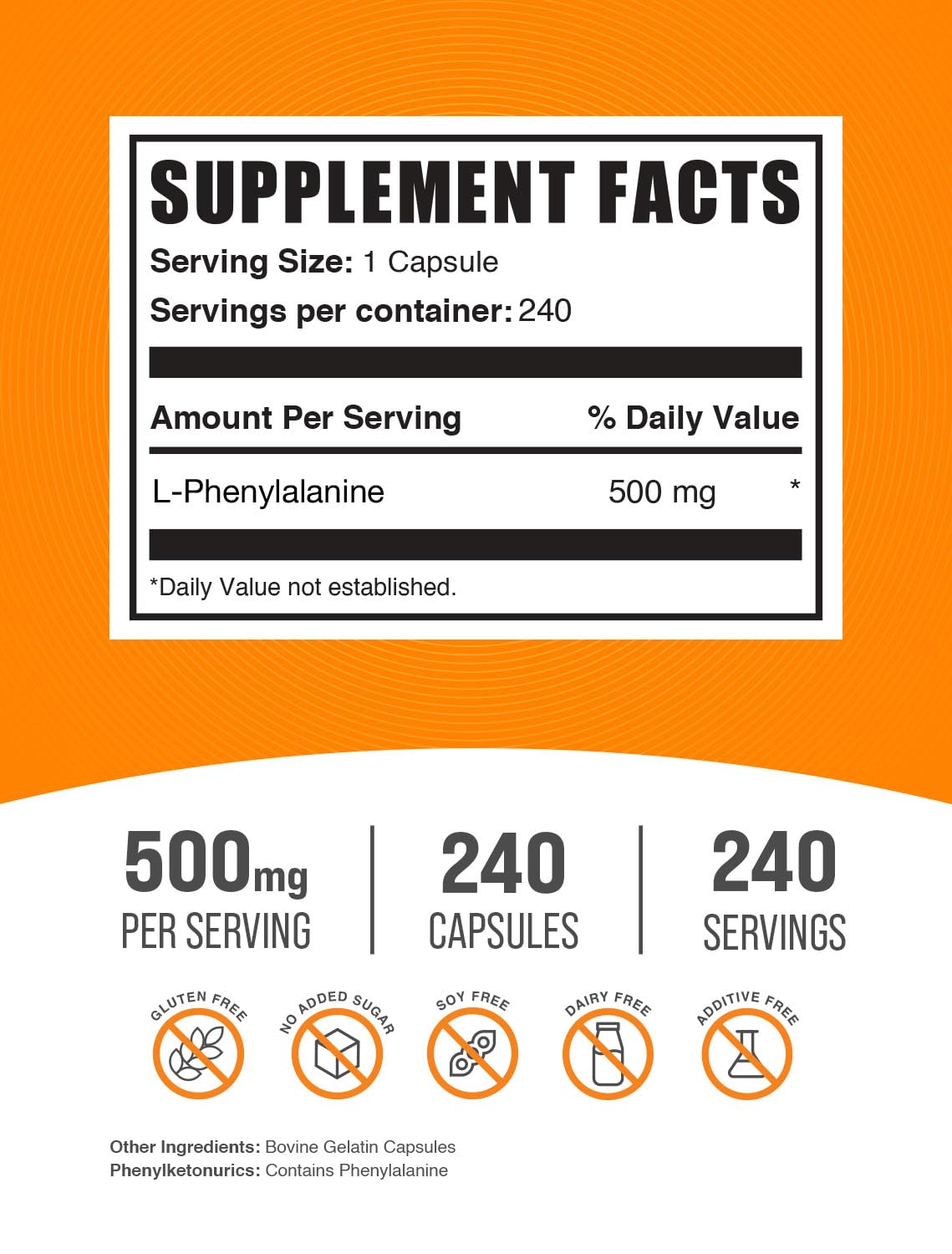 BulkSupplements.com L-Phenylalanine Capsules - Phenylalanine Supplement, L-Phenylalanine 500mg - Gluten Free, 1 Capsule per Serving, 240 Capsules (Pack of 1)