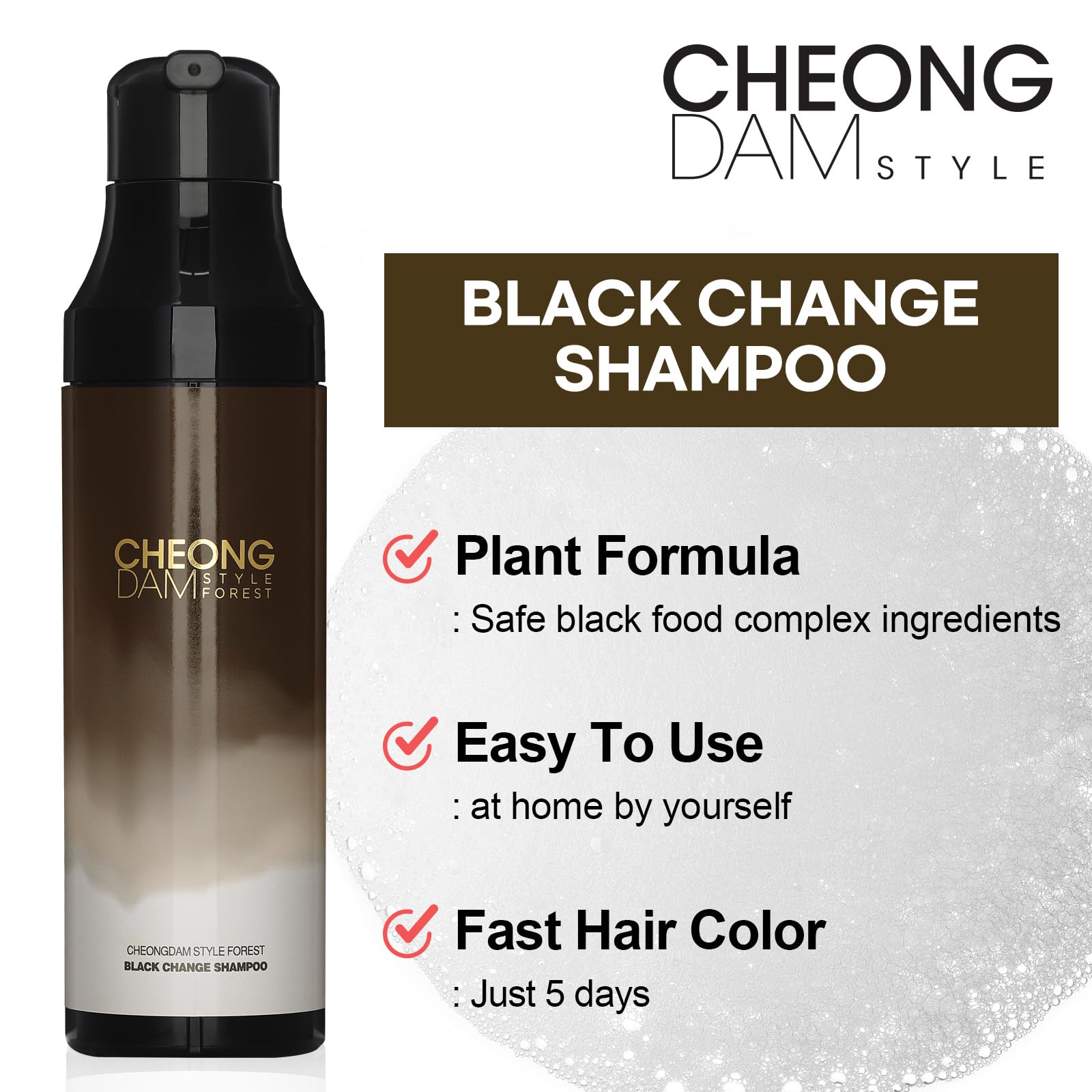 [Korean dye shampoo] CHEONGDAM STYLE FOREST BLACK CHANGE SHAMPOO, Semi Permanent Hair Color Darkening Grey Hair Dye Coverage Volume, Peptide Ceramide Hyaluronic Acid Paraben Free 6.7oz (Brown)
