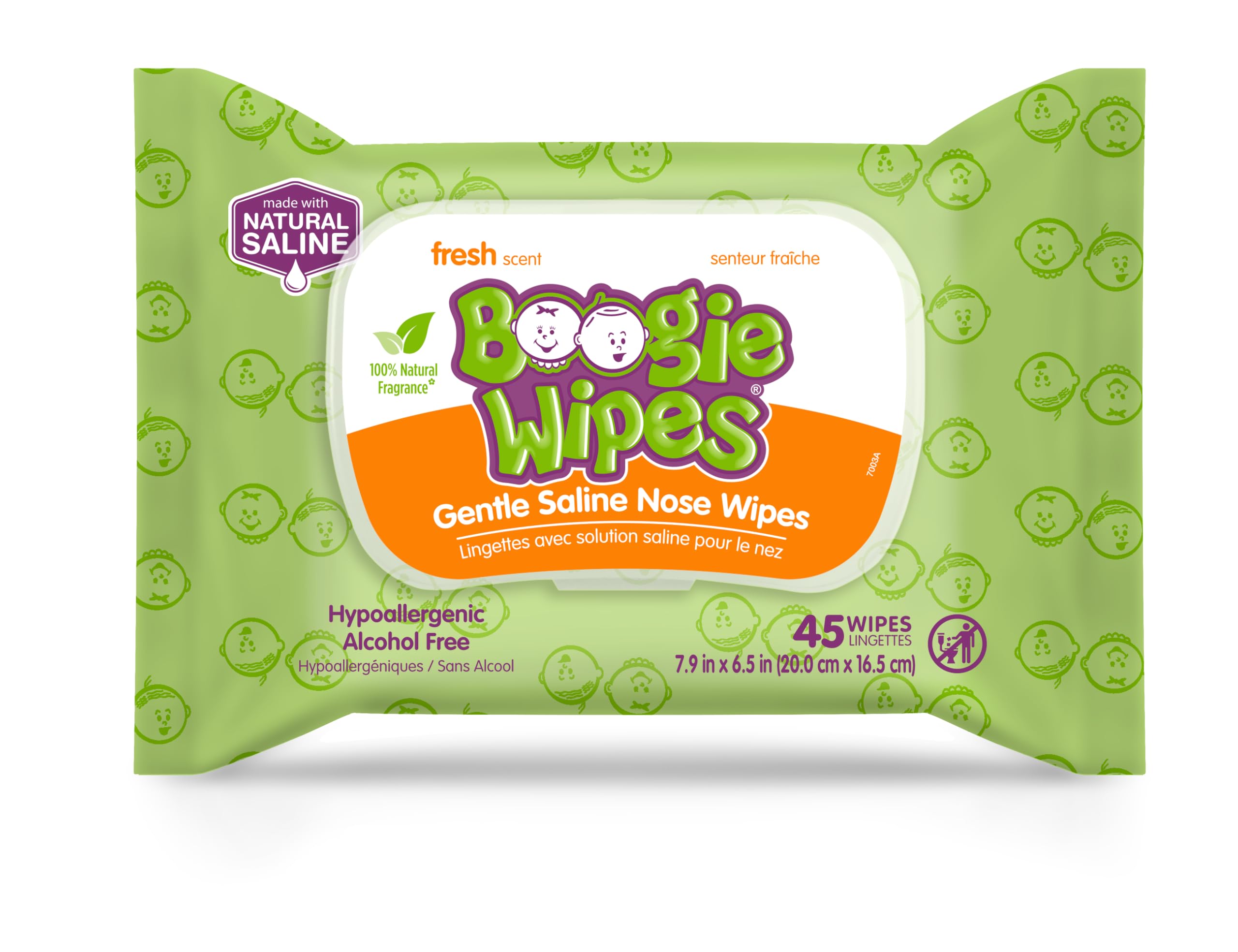 Saline Nose Wipes by Boogie, for Baby & Kids, Face, Hand & Body, FSA/HSA Eligible, Made with Vitamin E, Aloe, and Natural Saline, Fresh Scent, 45 Count (Pack of 1)