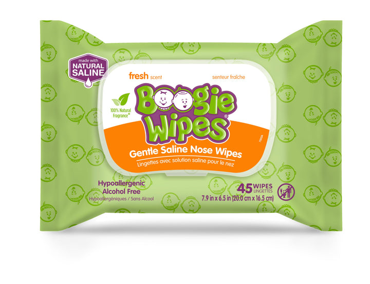 Saline Nose Wipes by Boogie, for Baby & Kids, Face, Hand & Body, FSA/HSA Eligible, Made with Vitamin E, Aloe, and Natural Saline, Fresh Scent, 45 Count (Pack of 1)