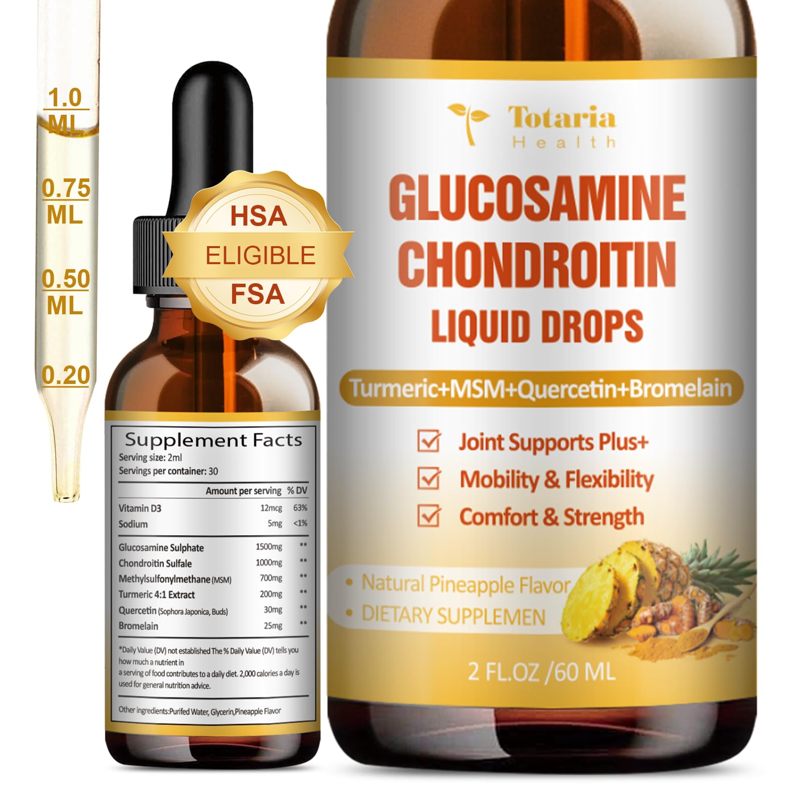 Glucosamine Chondroitin MSM Liquid Drops - FSA HSA Eligible Items List Chondroitin Sulfate Supplement Turmeric, Quercetin, Bromelain, MSM Oil Support Joint Health Vegan Supplements