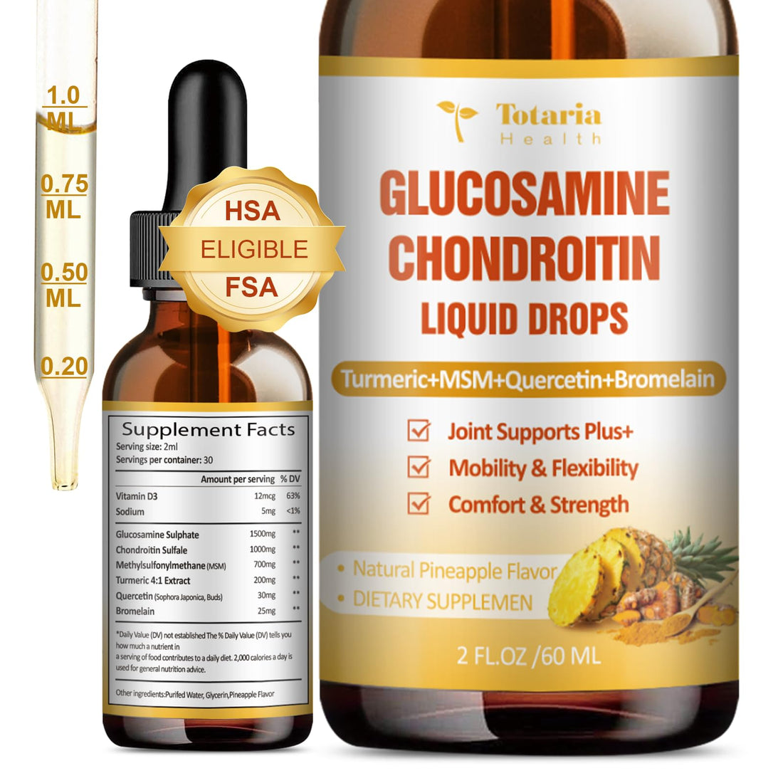 Glucosamine Chondroitin MSM Liquid Drops - FSA HSA Eligible Items List Chondroitin Sulfate Supplement Turmeric, Quercetin, Bromelain, MSM Oil Support Joint Health Vegan Supplements