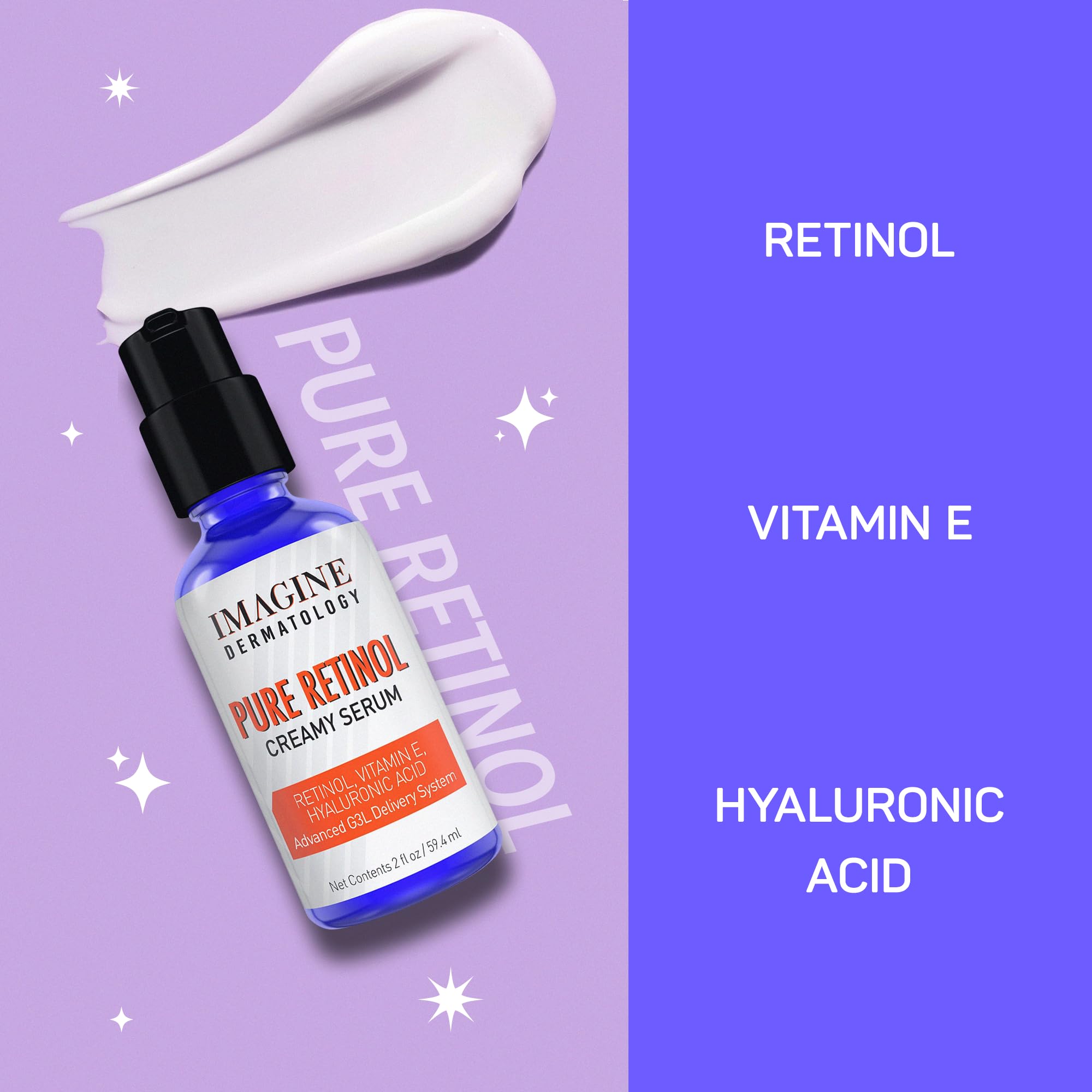 Pure Retinol Creamy Serum LARGE 2oz with Hyaluronic Acid and Vitamin E | Pure Retinol Serum For Face - Unmatched G3L Delivery System - Moisturizer | Serum | Retinol | Made in USA - 2 fl oz/59.4 ml
