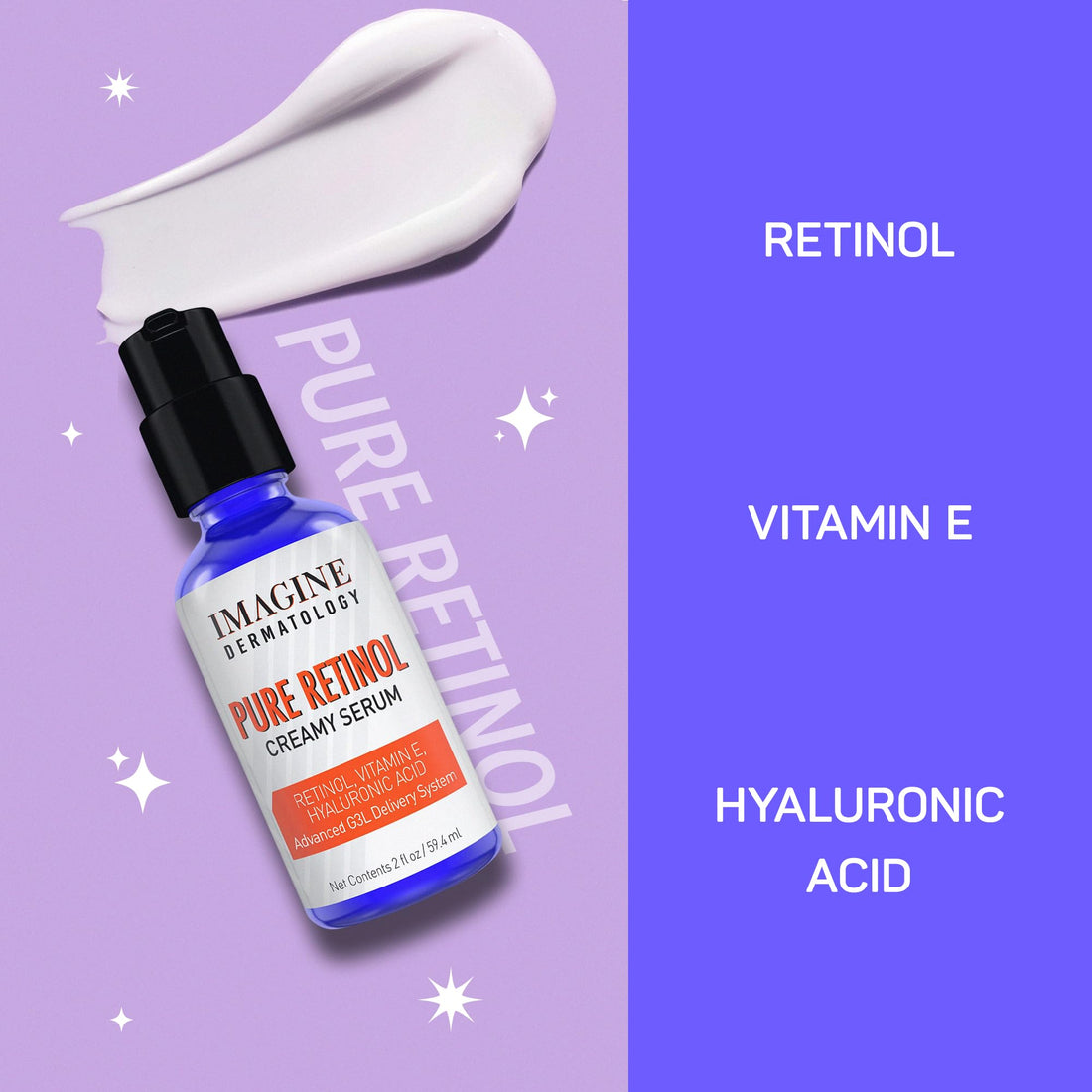 Pure Retinol Creamy Serum LARGE 2oz with Hyaluronic Acid and Vitamin E | Pure Retinol Serum For Face - Unmatched G3L Delivery System - Moisturizer | Serum | Retinol | Made in USA - 2 fl oz/59.4 ml