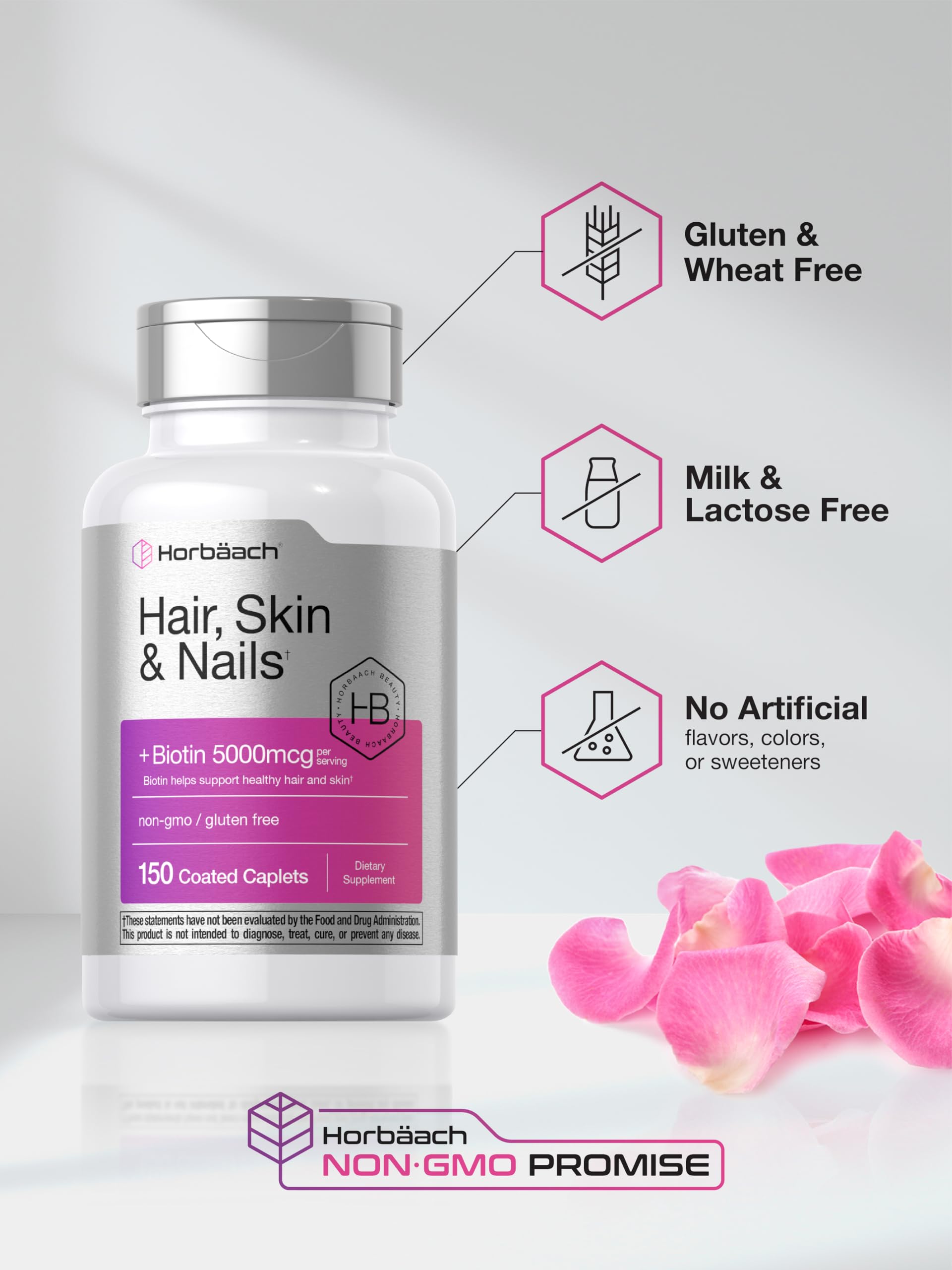 Horbäach Hair Skin and Nails Vitamins | 150 Caplets | with Biotin and Collagen | Supplement for Women and Men | Non-GMO, Gluten Free