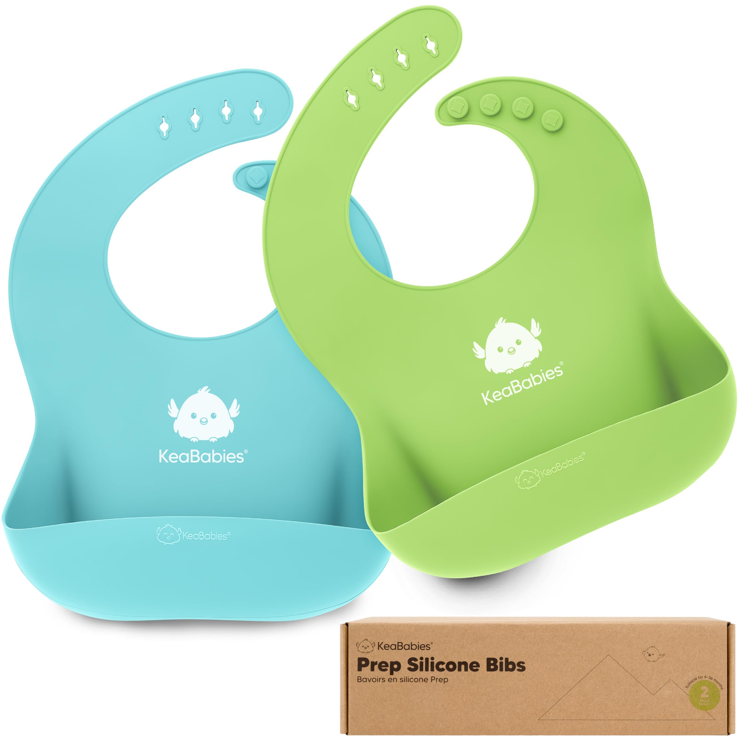 KeaBabies 2-Pack Silicone Baby Bibs for Eating - Sturdy Food-Grade Silicone Bibs for Babies Girl, Boy, Large Food Catcher, Clean & Put On Easily, Waterproof Toddler Feeding Essentials (Cloud Nine)