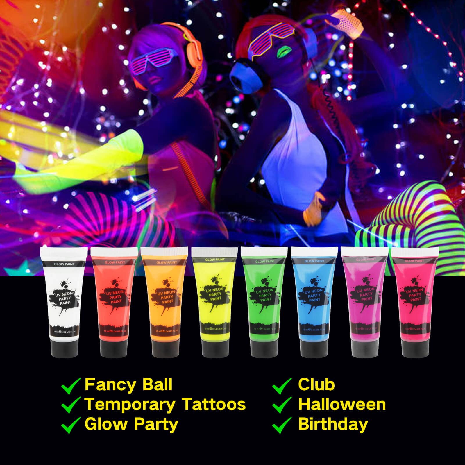 UV Blacklight Neon Face Body Paint, MEICOLY 8 Tubes Blacklight Reactive Paints,Water Based, Washable, Non-Toxic Neon Party Supplies for Halloween,02