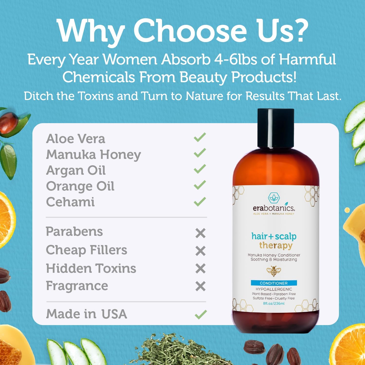 Era Organics Manuka Honey Dry Scalp Conditioner - Sulfate Free, Soothing and Moisturizing for Damaged Hair - Argan Oil for Women or Men