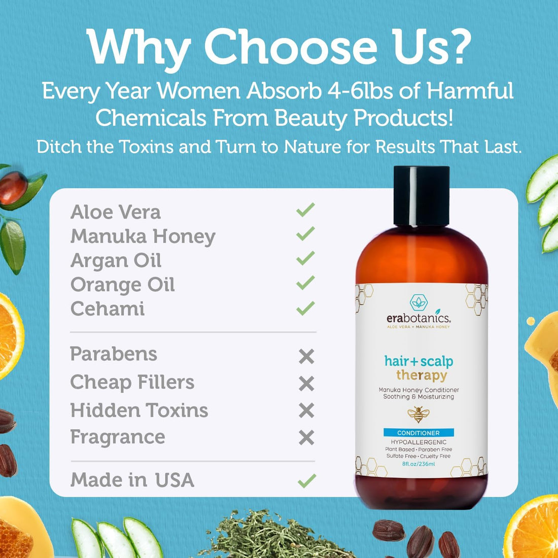 Era Organics Manuka Honey Dry Scalp Conditioner - Sulfate Free, Soothing and Moisturizing for Damaged Hair - Argan Oil for Women or Men