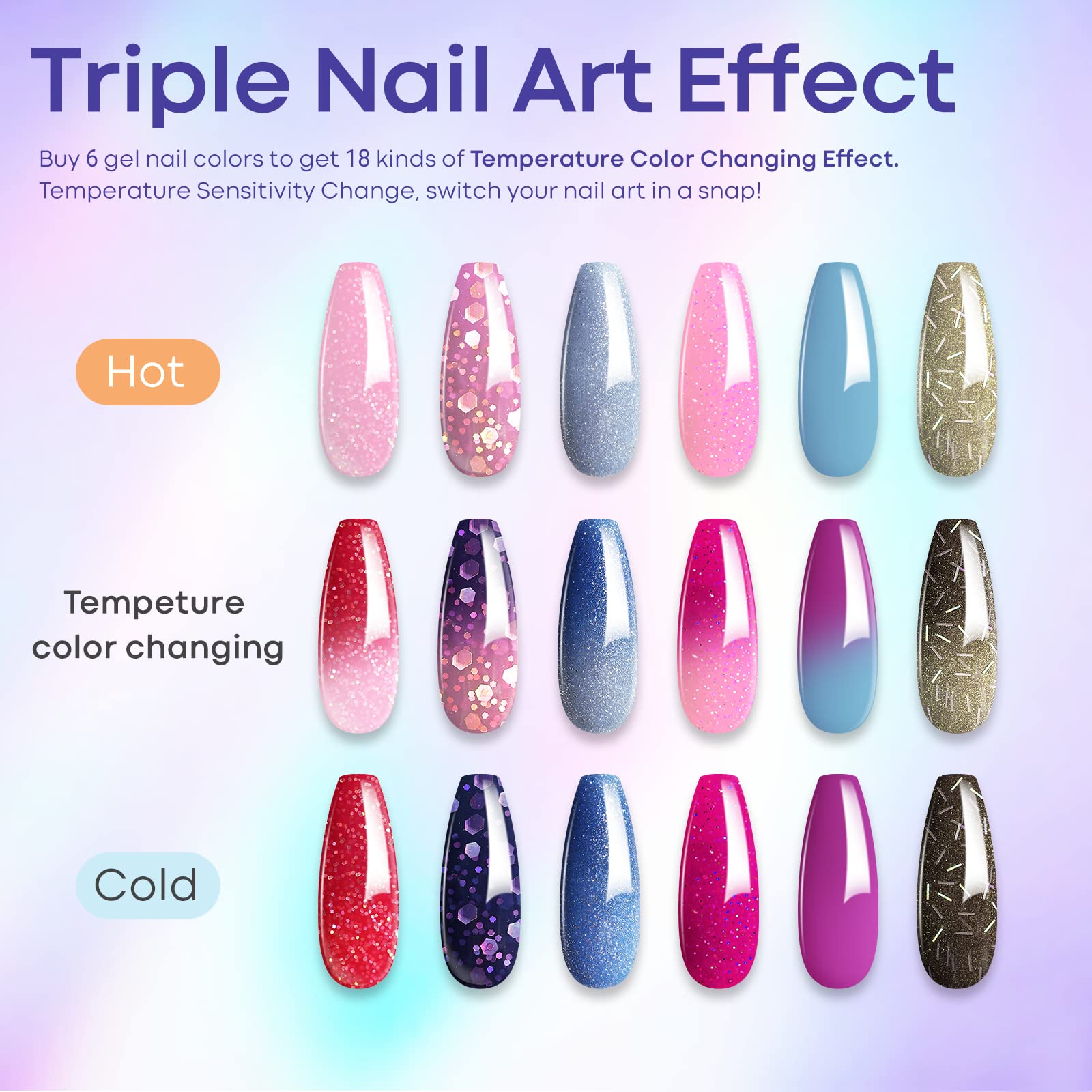 Modelones Mood Gel Nail Polish Set - 6 Colors Collection Temperature Color Changing Gel Glitter Nail Varnish Soak Off UV LED Manicure 0.33 OZ