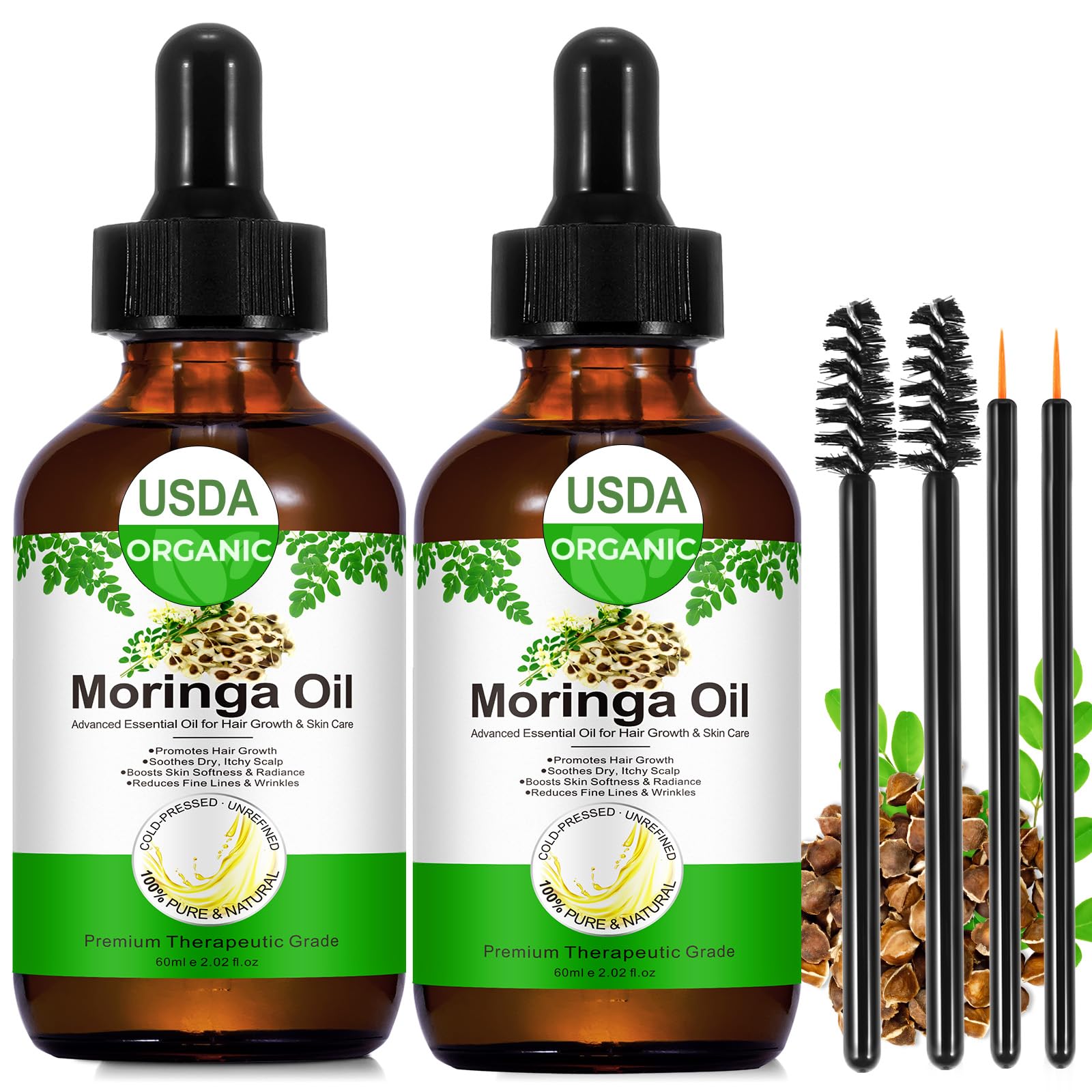 2Pack Moringa Oil 2.02 fl.oz, Pure Natural Organic Cold-Pressed Glass Bottle Moringa Oil for Hair Growth, Moringa Seed Oil for Face, Skin & Body Care, Anti-Aging, Nourish Hair, Scalp & Body Massage