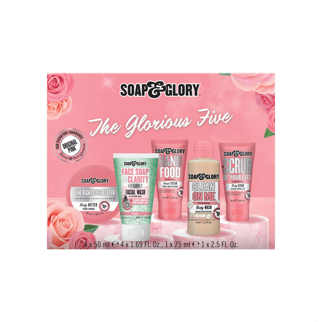 Soap & Glory The Glorious Five Skin Care Gift Set - The Righteous Body Butter Cream, Hand Food Hand Cream, Clean on Me Shower Gel, Vitamin C Facial Cleanser & Exfoliating Body Scrub (5 Count)