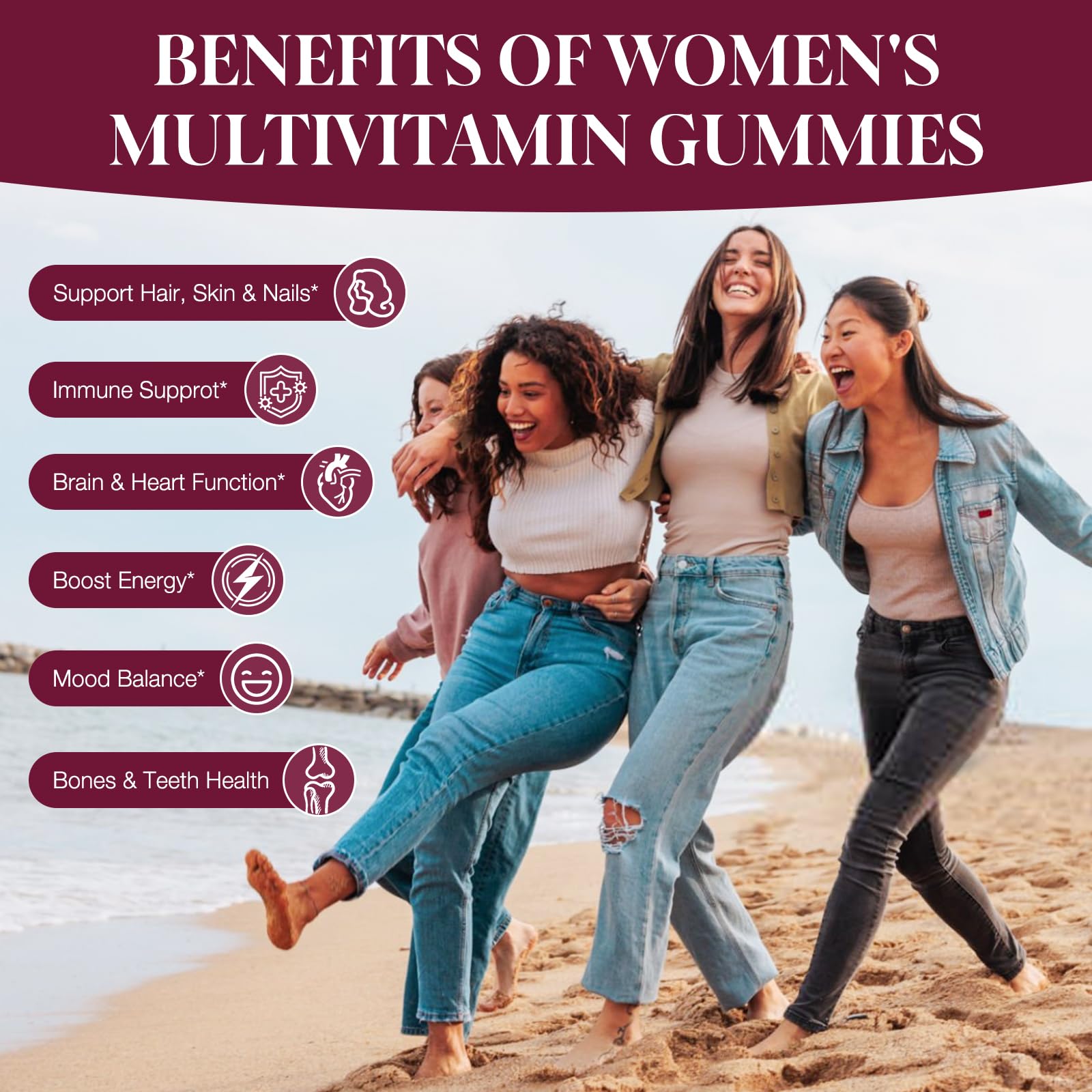 Women's Multivitamin Gummies, Berry Flavor, Sugar-Free, with Prebiotics, Omega-3, Inositol, CoQ10, and Vitamins A, C, D3, E, B12, Daily Support for Heart, Brain, Gut, Digestion, Energy & Immune