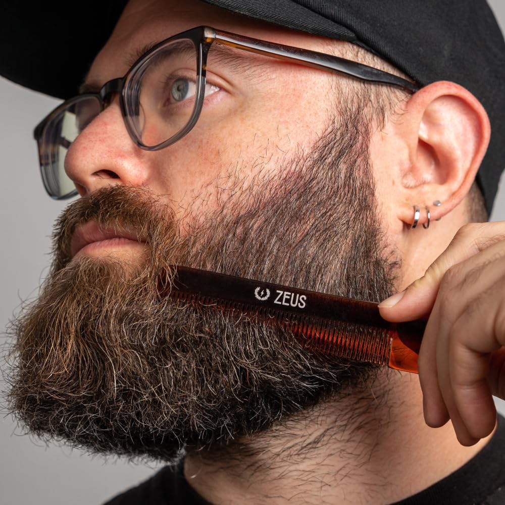 Zeus Handmade Saw-Cut Pocket Beard Comb with Leather Sheath - 5.25” x 1” - Static-Free, Fine-Toothed Comb for Beards and Mustaches