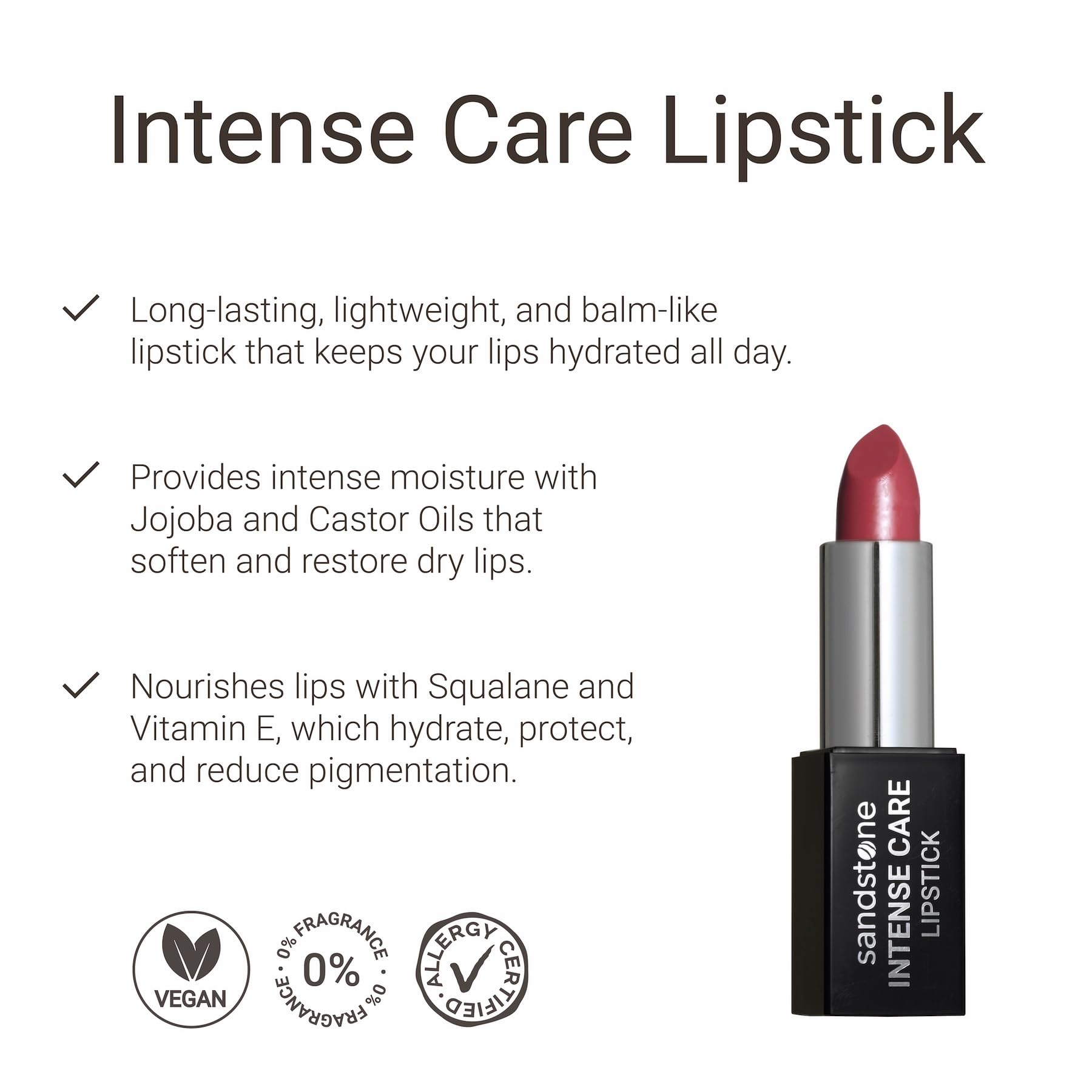 Sandstone Scandinavia Intense Care Lipstick - a hypoallergenic, gluten free, caring formula, with active and moisturizing ingredients. (44 Summer Rose, 3,5 g)
